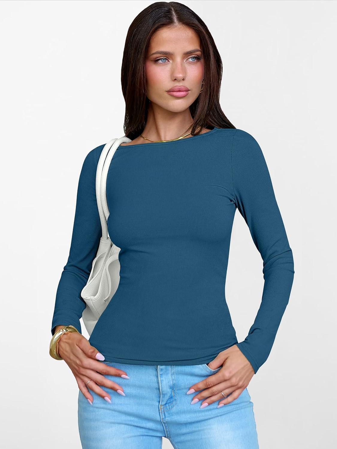 imageANRABESS Womens Boat Neck Long Sleeve Shirts Rib Knit Slim Fitting Tops Basic Tees 2025 Casual Comfy Fall Outfits ClothesTeal