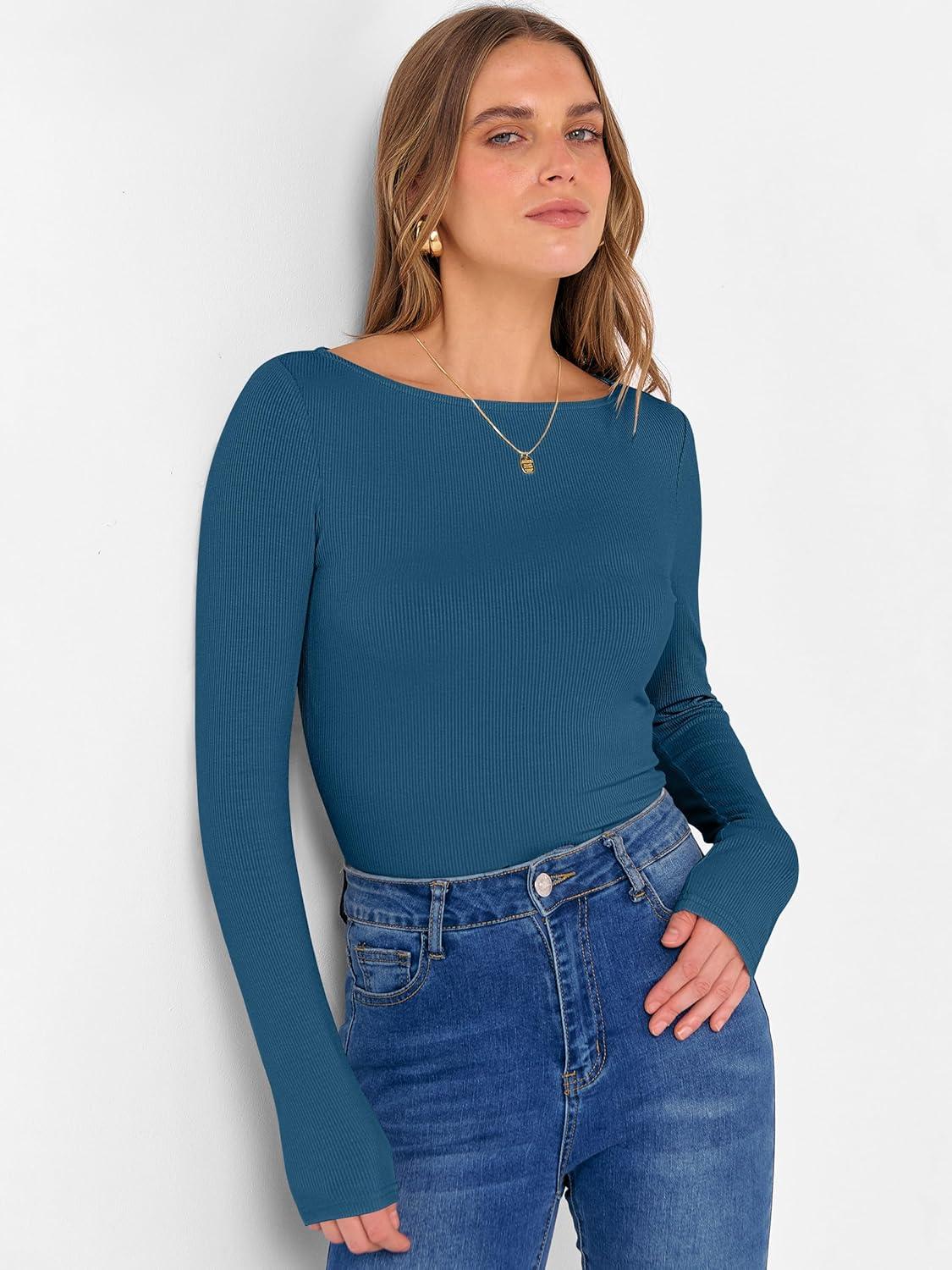 imageANRABESS Womens Boat Neck Long Sleeve Shirts Rib Knit Slim Fitting Tops Basic Tees 2025 Casual Comfy Fall Outfits ClothesTeal