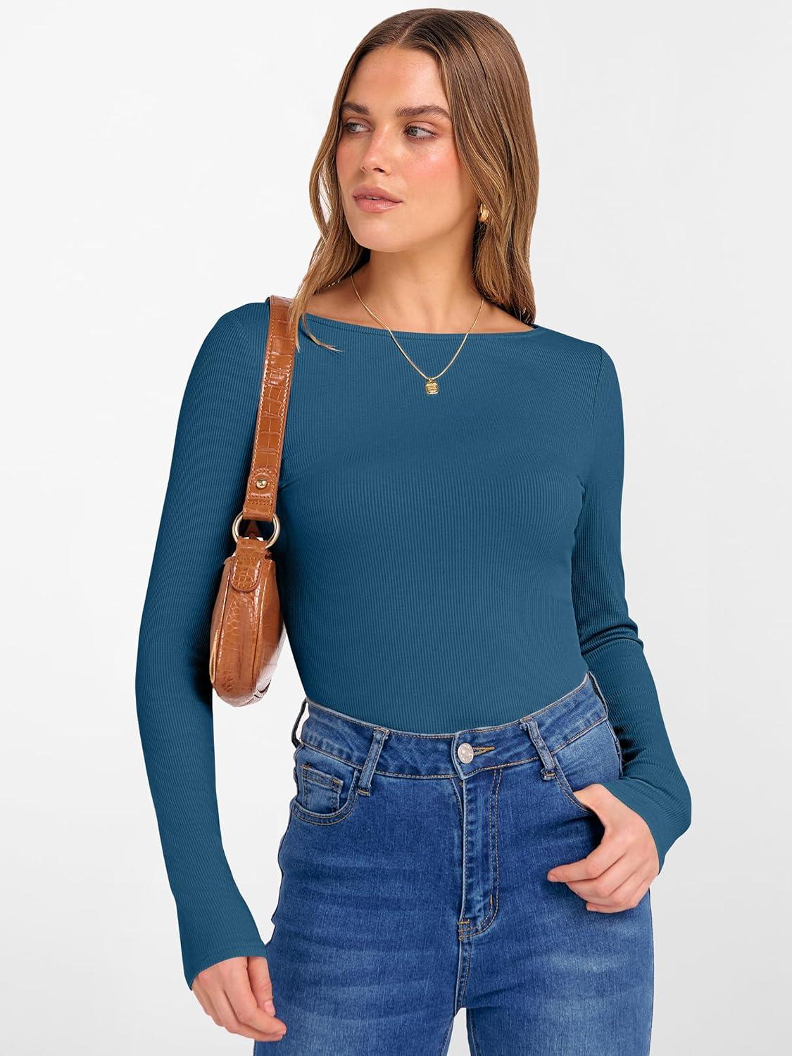 imageANRABESS Womens Boat Neck Long Sleeve Shirts Rib Knit Slim Fitting Tops Basic Tees 2025 Casual Comfy Fall Outfits ClothesTeal