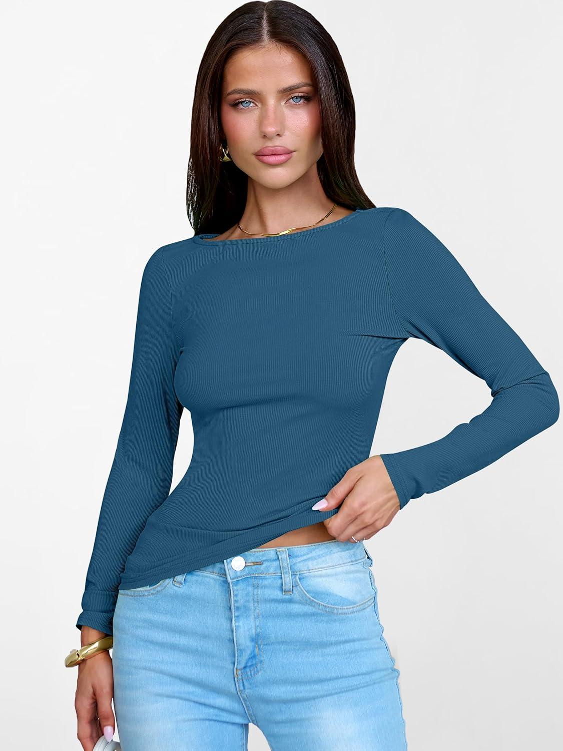 imageANRABESS Womens Boat Neck Long Sleeve Shirts Rib Knit Slim Fitting Tops Basic Tees 2025 Casual Comfy Fall Outfits ClothesTeal
