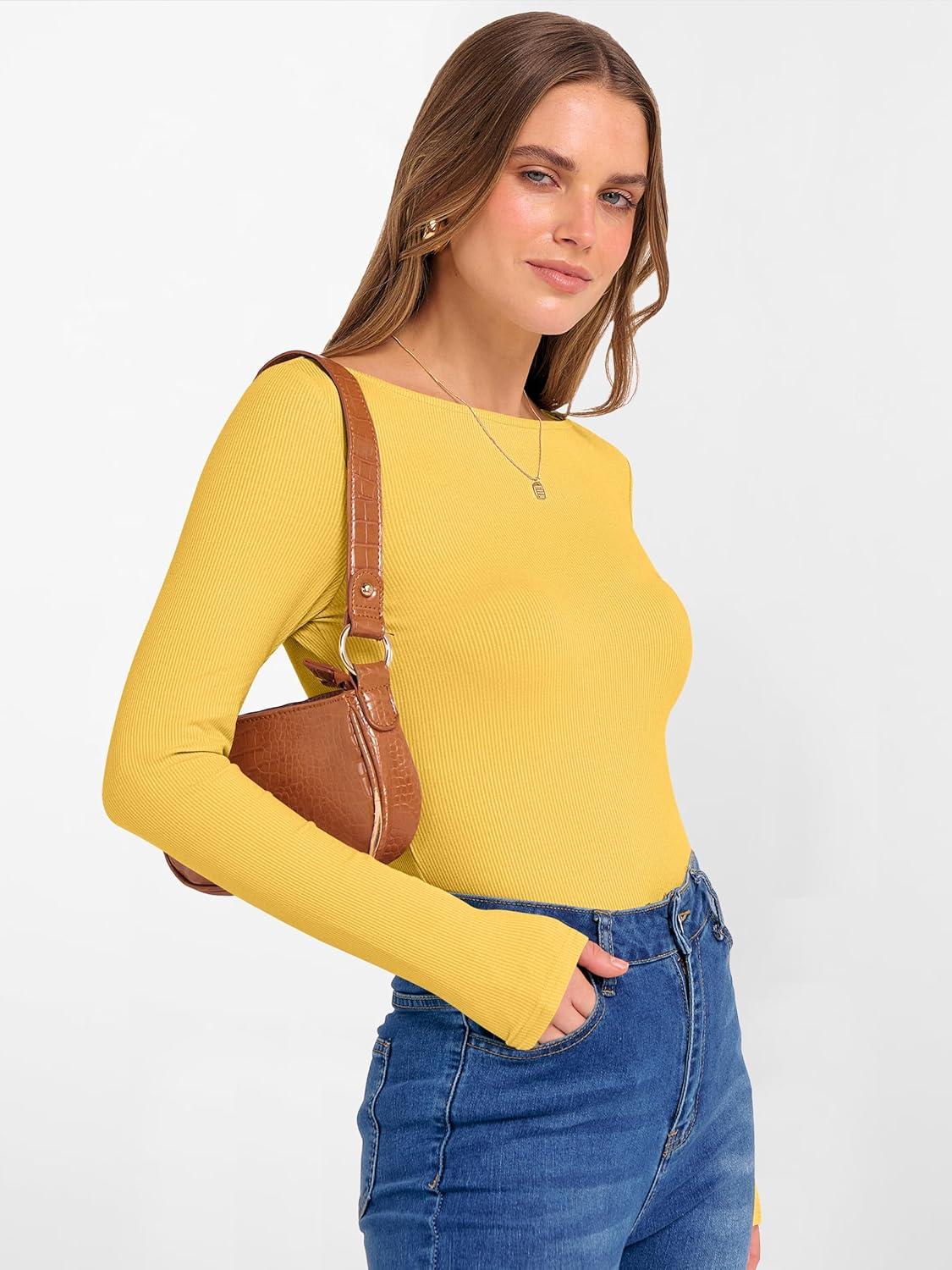 imageANRABESS Womens Boat Neck Long Sleeve Shirts Rib Knit Slim Fitting Tops Basic Tees 2025 Casual Comfy Fall Outfits ClothesYellow