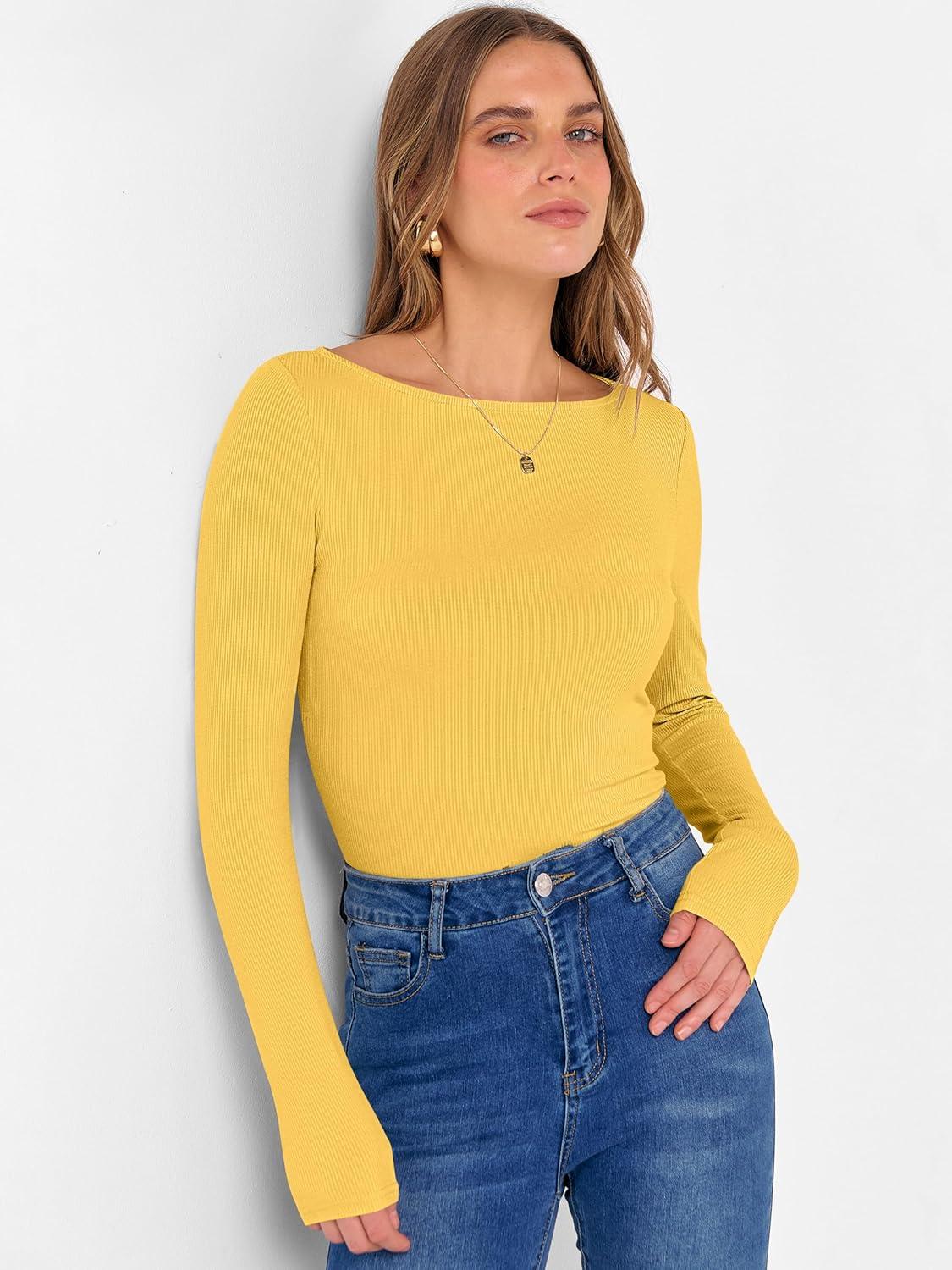 imageANRABESS Womens Boat Neck Long Sleeve Shirts Rib Knit Slim Fitting Tops Basic Tees 2025 Casual Comfy Fall Outfits ClothesYellow