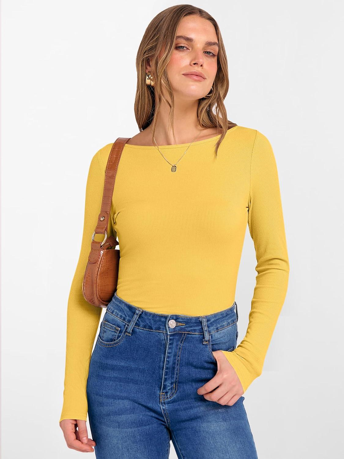 imageANRABESS Womens Boat Neck Long Sleeve Shirts Rib Knit Slim Fitting Tops Basic Tees 2025 Casual Comfy Fall Outfits ClothesYellow