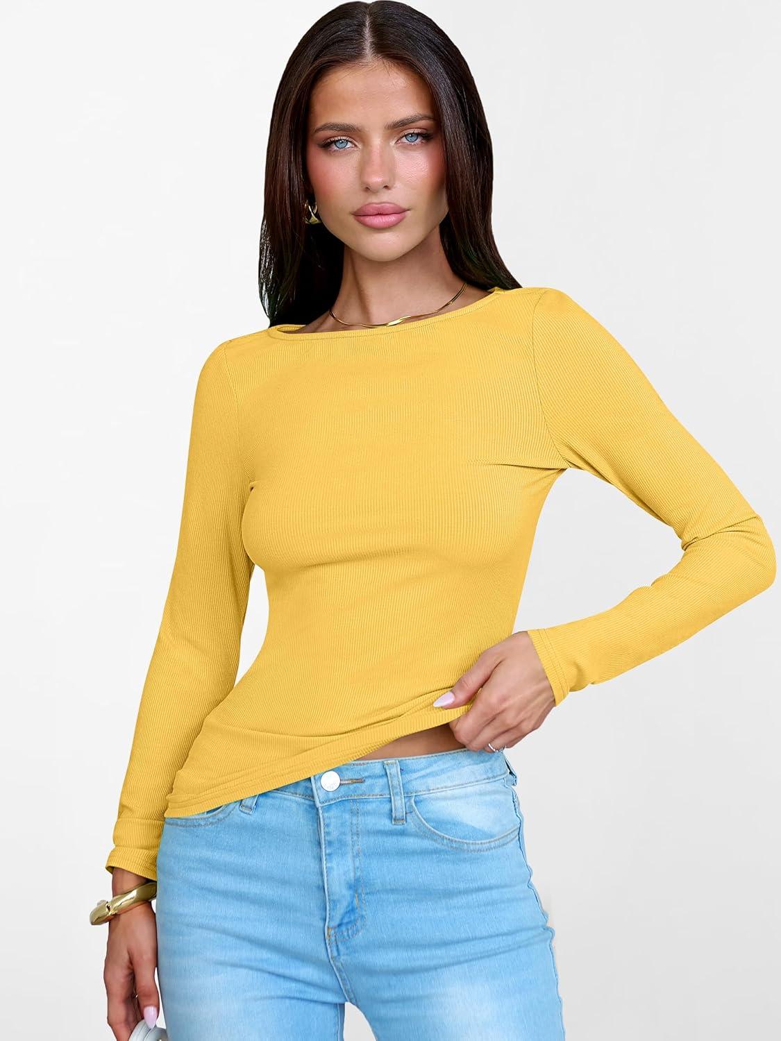 imageANRABESS Womens Boat Neck Long Sleeve Shirts Rib Knit Slim Fitting Tops Basic Tees 2025 Casual Comfy Fall Outfits ClothesYellow
