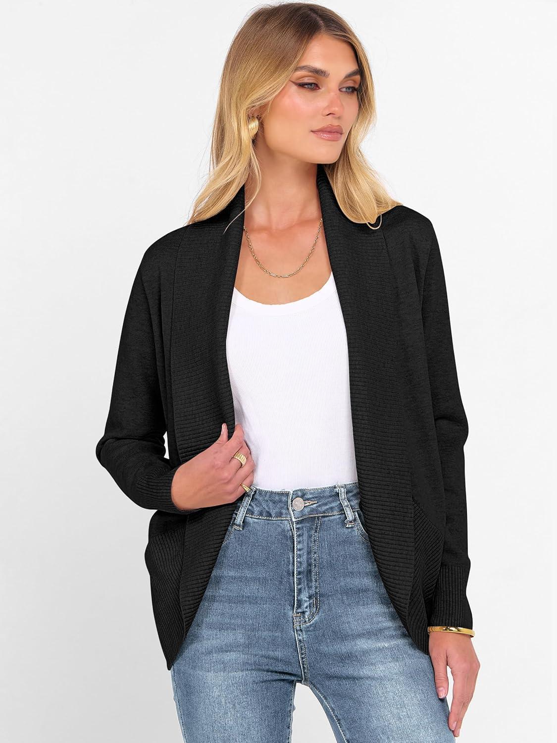 imageANRABESS Womens Cardigan Sweaters Open Front Long Sleeve Shawl Neck Knit Dressy Casual 2025 Trendy Fall Winter Outerwear CoatBlack