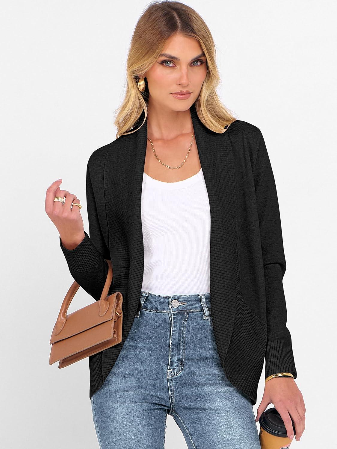 imageANRABESS Womens Cardigan Sweaters Open Front Long Sleeve Shawl Neck Knit Dressy Casual 2025 Trendy Fall Winter Outerwear CoatBlack