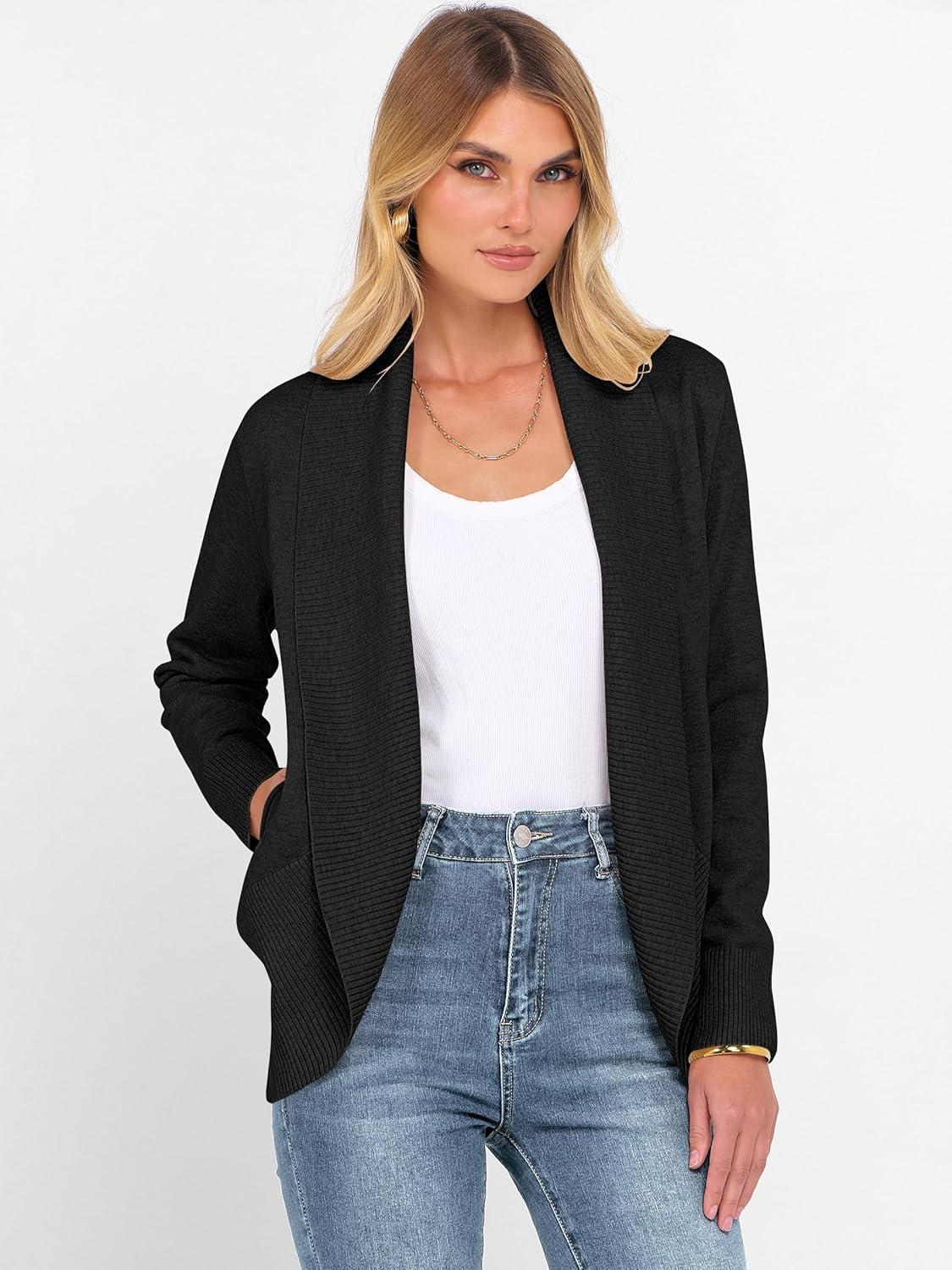 imageANRABESS Womens Cardigan Sweaters Open Front Long Sleeve Shawl Neck Knit Dressy Casual 2025 Trendy Fall Winter Outerwear CoatBlack