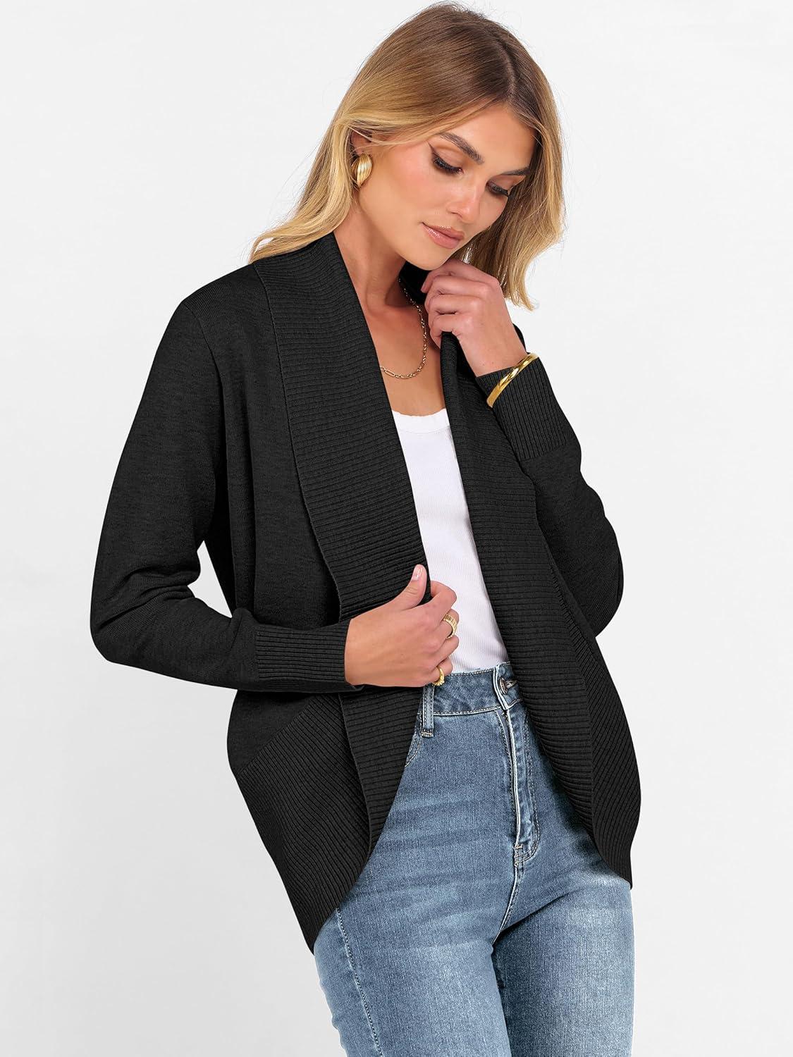 imageANRABESS Womens Cardigan Sweaters Open Front Long Sleeve Shawl Neck Knit Dressy Casual 2025 Trendy Fall Winter Outerwear CoatBlack