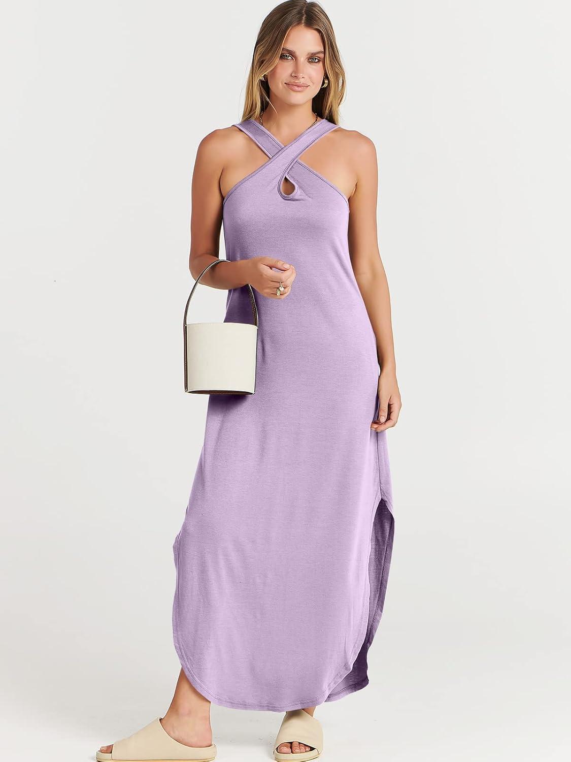 imageANRABESS Womens Casual Summer Maxi Dress Sexy Slit Side Sleeveless Loose Beach Long Sundress Vacation Outfits with PocketsLilac