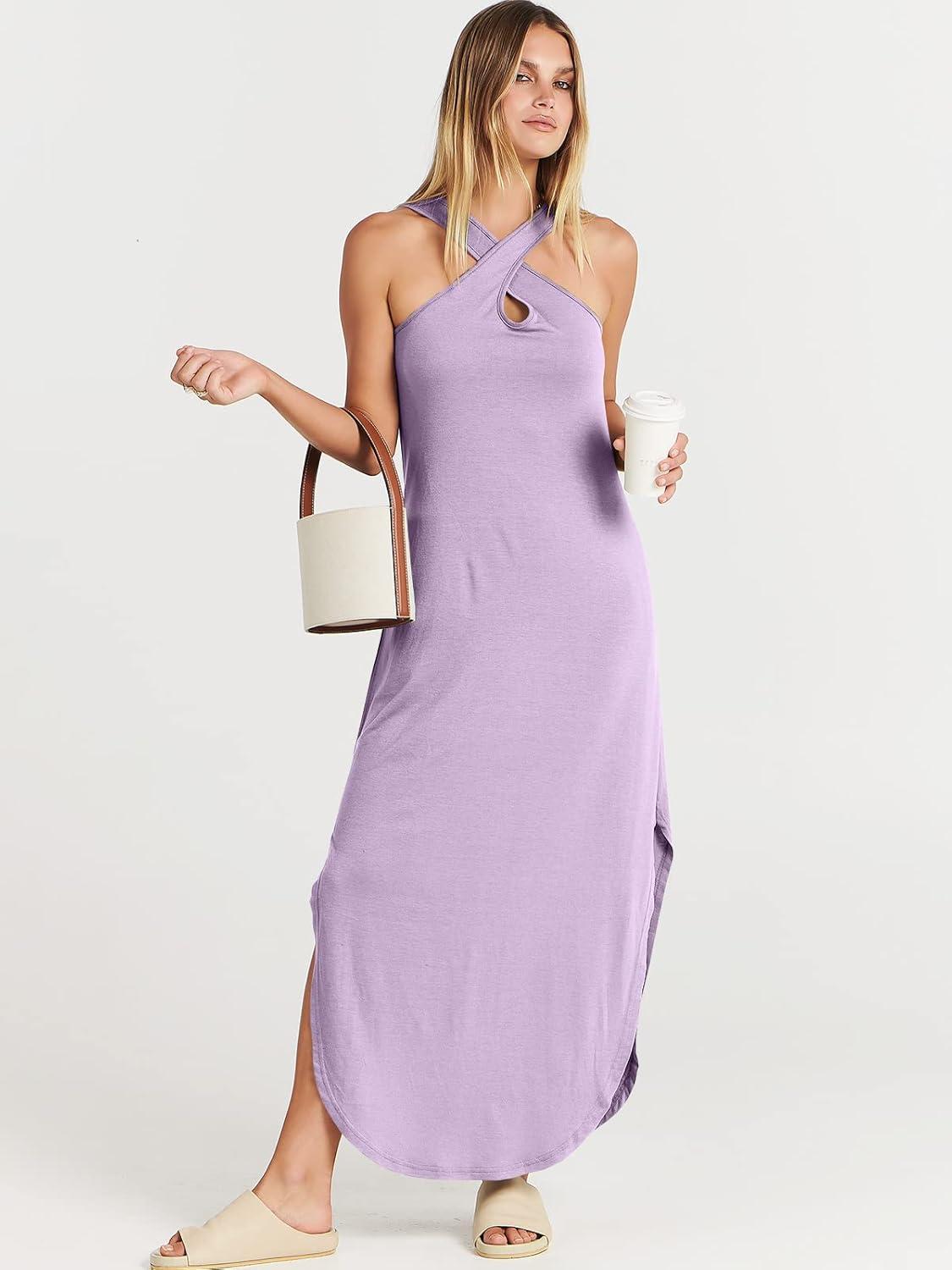 imageANRABESS Womens Casual Summer Maxi Dress Sexy Slit Side Sleeveless Loose Beach Long Sundress Vacation Outfits with PocketsLilac