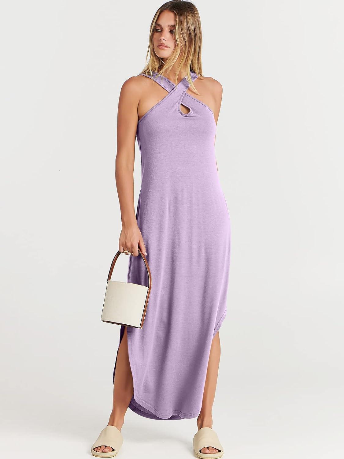 imageANRABESS Womens Casual Summer Maxi Dress Sexy Slit Side Sleeveless Loose Beach Long Sundress Vacation Outfits with PocketsLilac