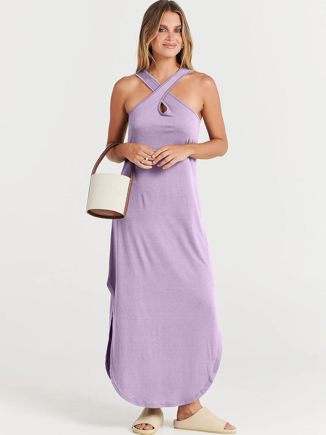 imageANRABESS Womens Casual Summer Maxi Dress Sexy Slit Side Sleeveless Loose Beach Long Sundress Vacation Outfits with PocketsLilac
