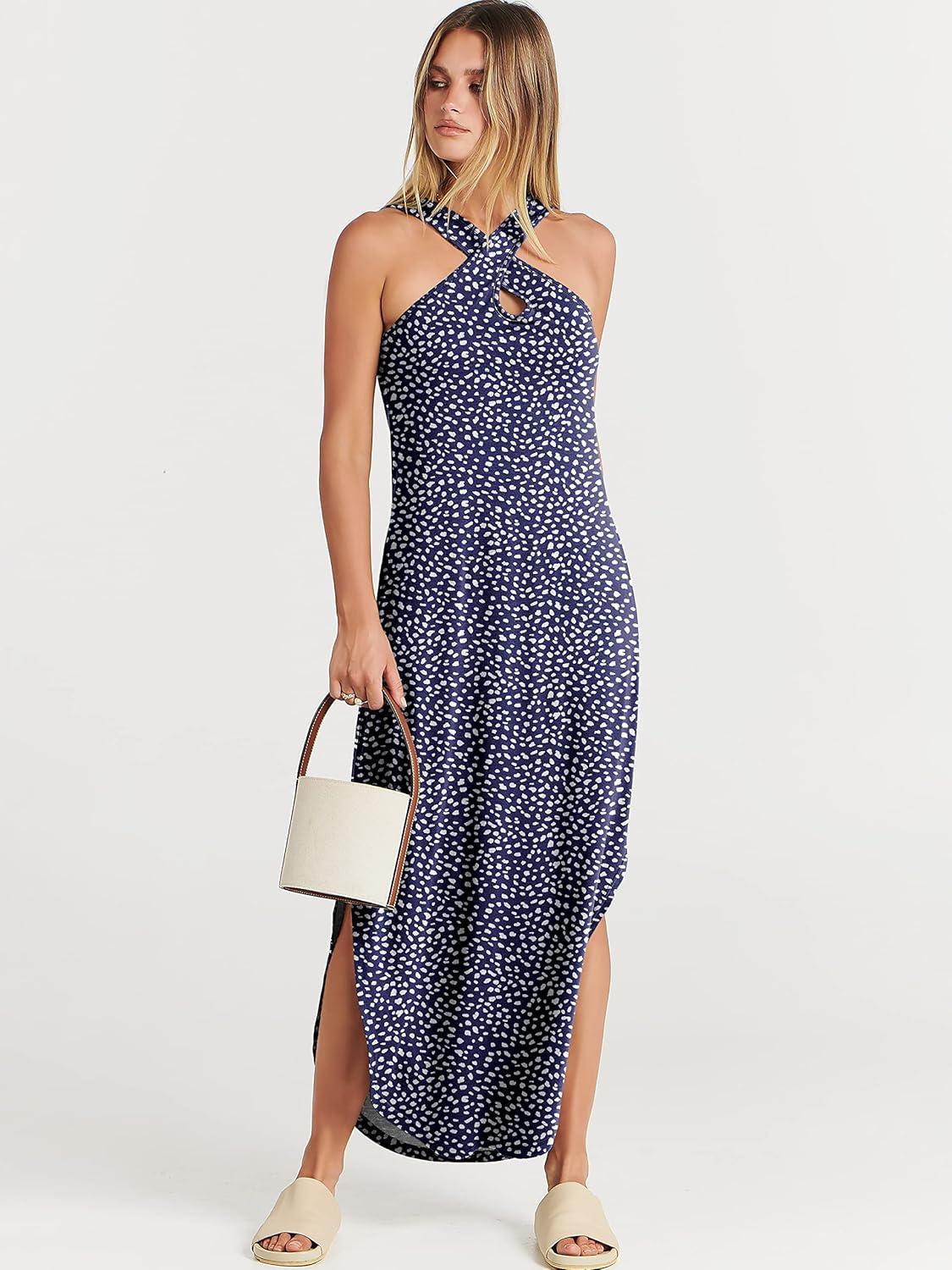 imageANRABESS Womens Casual Summer Maxi Dress Sexy Slit Side Sleeveless Loose Beach Long Sundress Vacation Outfits with PocketsNavy White Dot