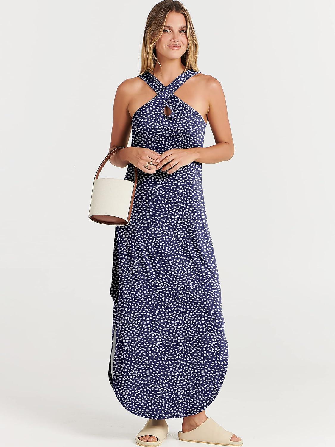 imageANRABESS Womens Casual Summer Maxi Dress Sexy Slit Side Sleeveless Loose Beach Long Sundress Vacation Outfits with PocketsNavy White Dot