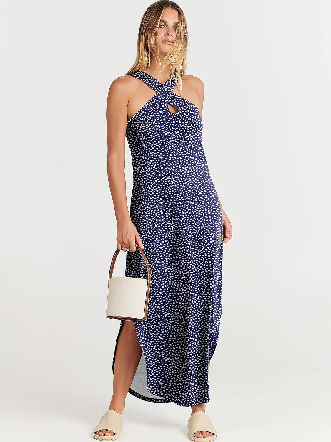 imageANRABESS Womens Casual Summer Maxi Dress Sexy Slit Side Sleeveless Loose Beach Long Sundress Vacation Outfits with PocketsNavy White Dot