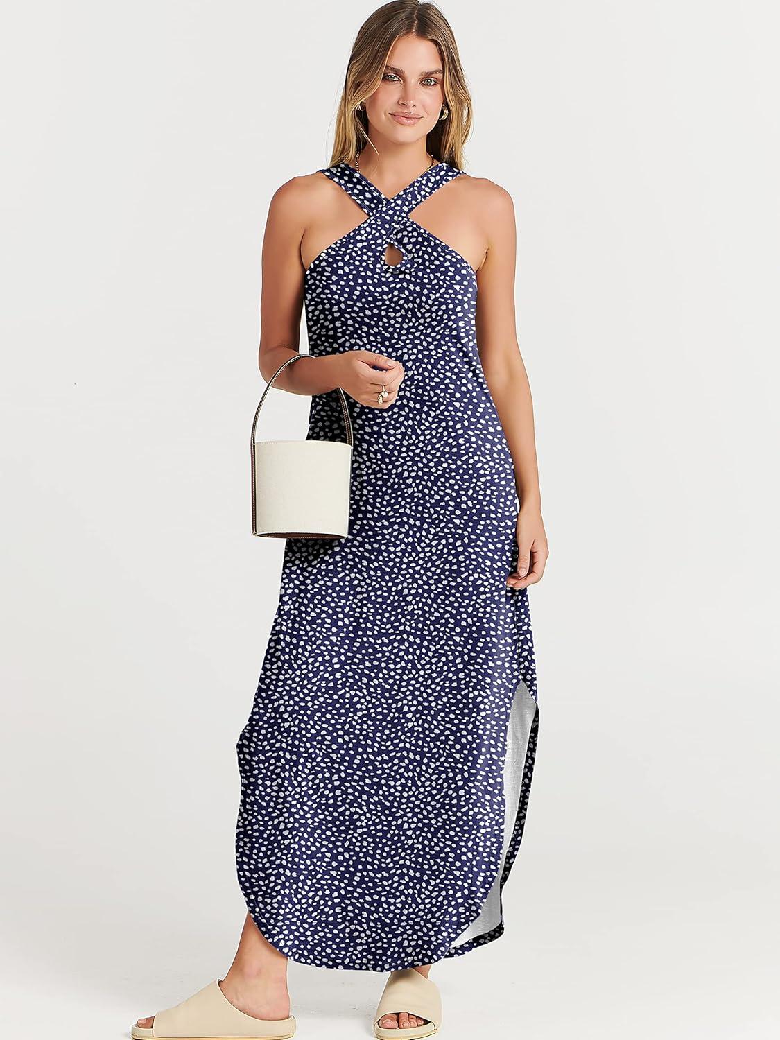 imageANRABESS Womens Casual Summer Maxi Dress Sexy Slit Side Sleeveless Loose Beach Long Sundress Vacation Outfits with PocketsNavy White Dot