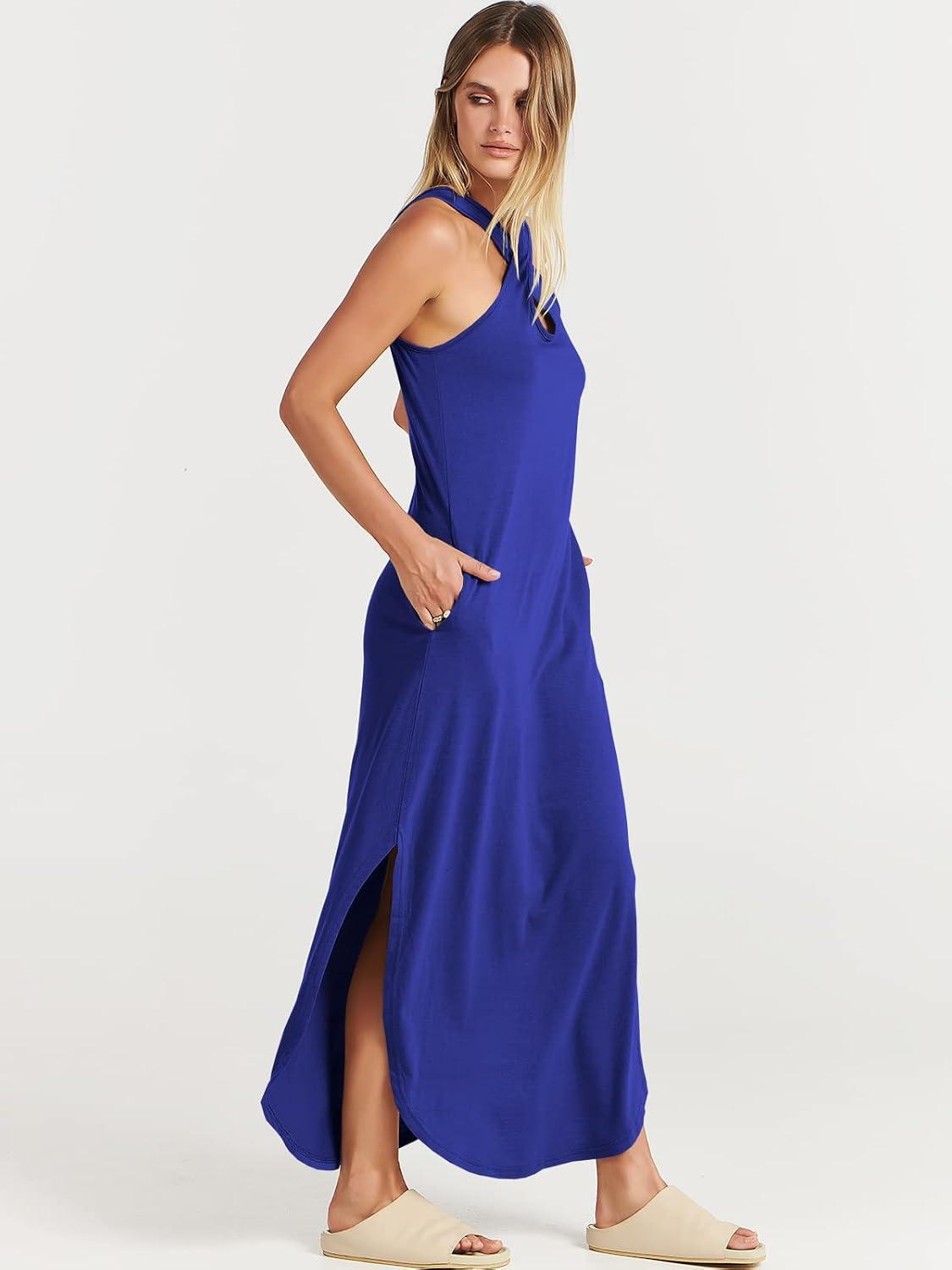 imageANRABESS Womens Casual Summer Maxi Dress Sexy Slit Side Sleeveless Loose Beach Long Sundress Vacation Outfits with PocketsRoyal Blue