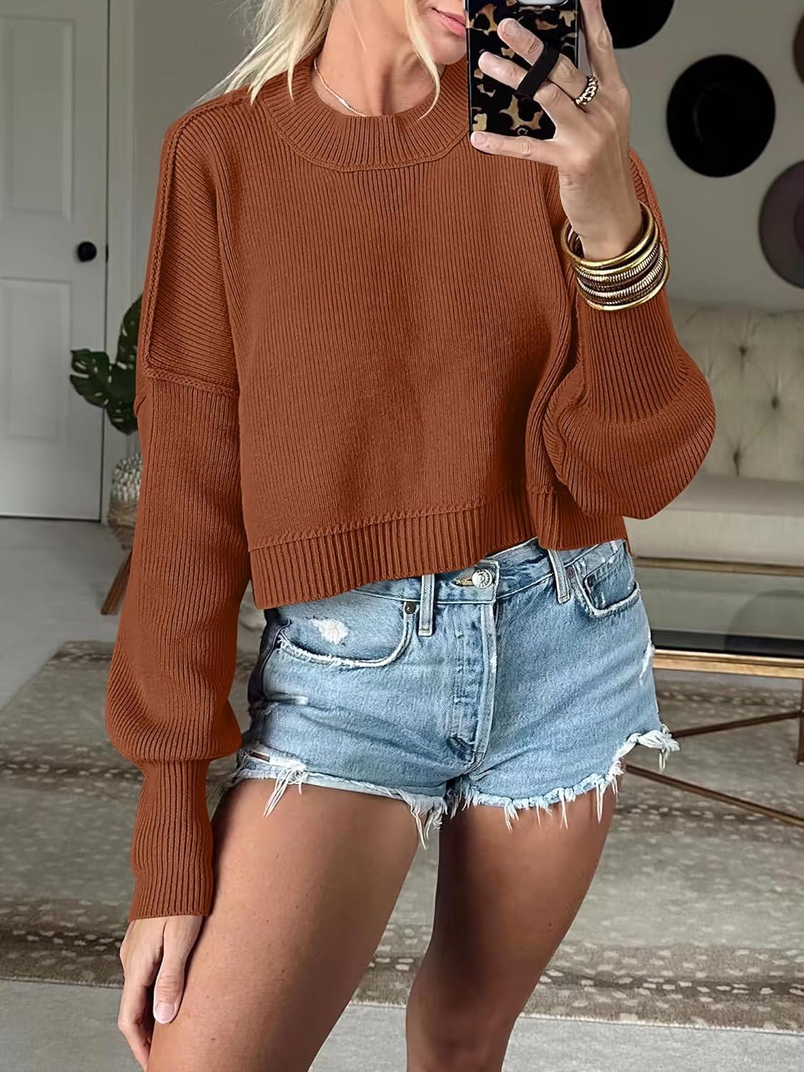 imageANRABESS Womens Cropped Sweaters Oversized Crewneck Long Batwing Sleeve Side Slit Ribbed Knit Pullover Tops 2025 Fall ClothesCaramel