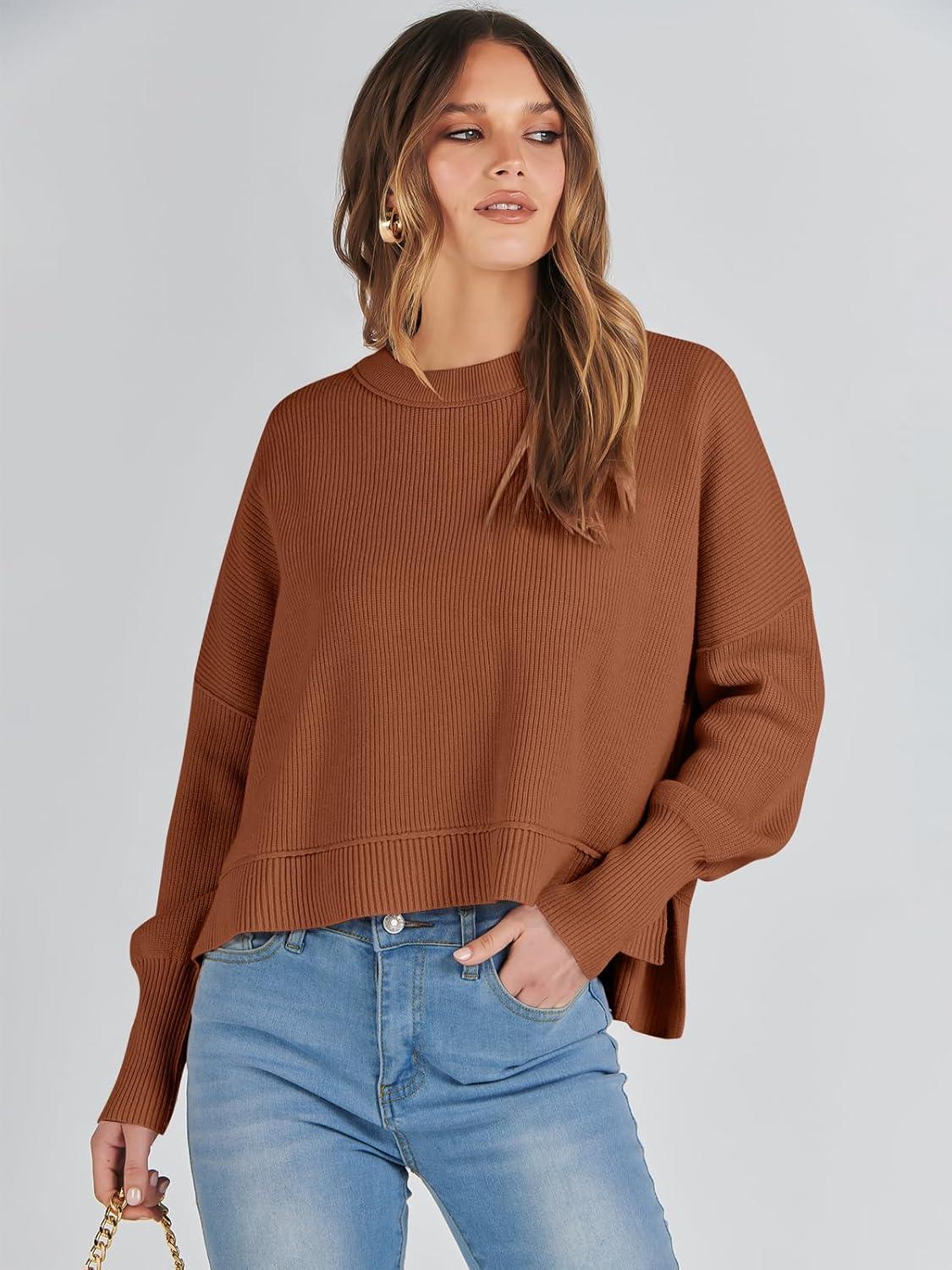 imageANRABESS Womens Cropped Sweaters Oversized Crewneck Long Batwing Sleeve Side Slit Ribbed Knit Pullover Tops 2025 Fall ClothesCaramel