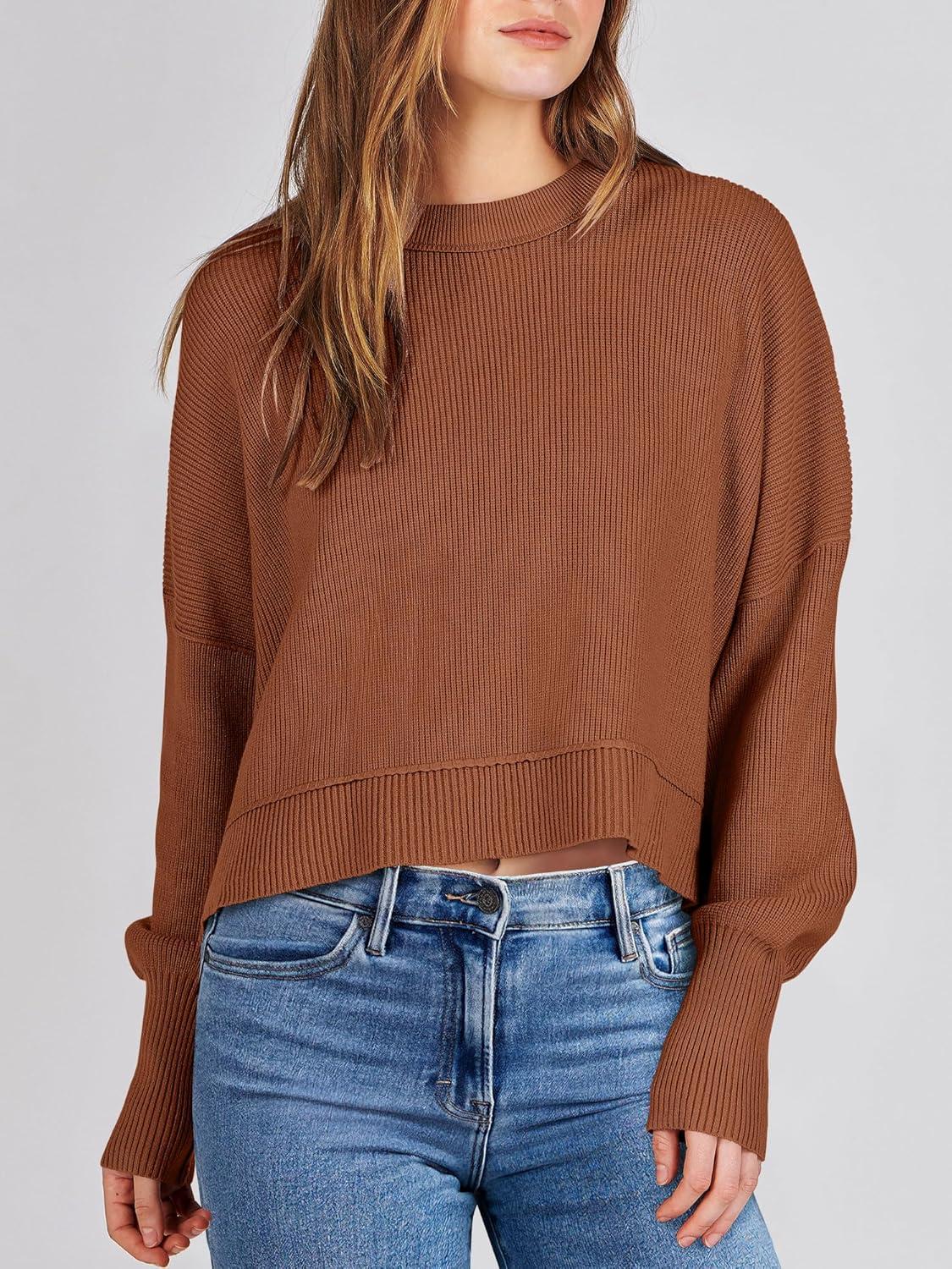 imageANRABESS Womens Cropped Sweaters Oversized Crewneck Long Batwing Sleeve Side Slit Ribbed Knit Pullover Tops 2025 Fall ClothesCaramel