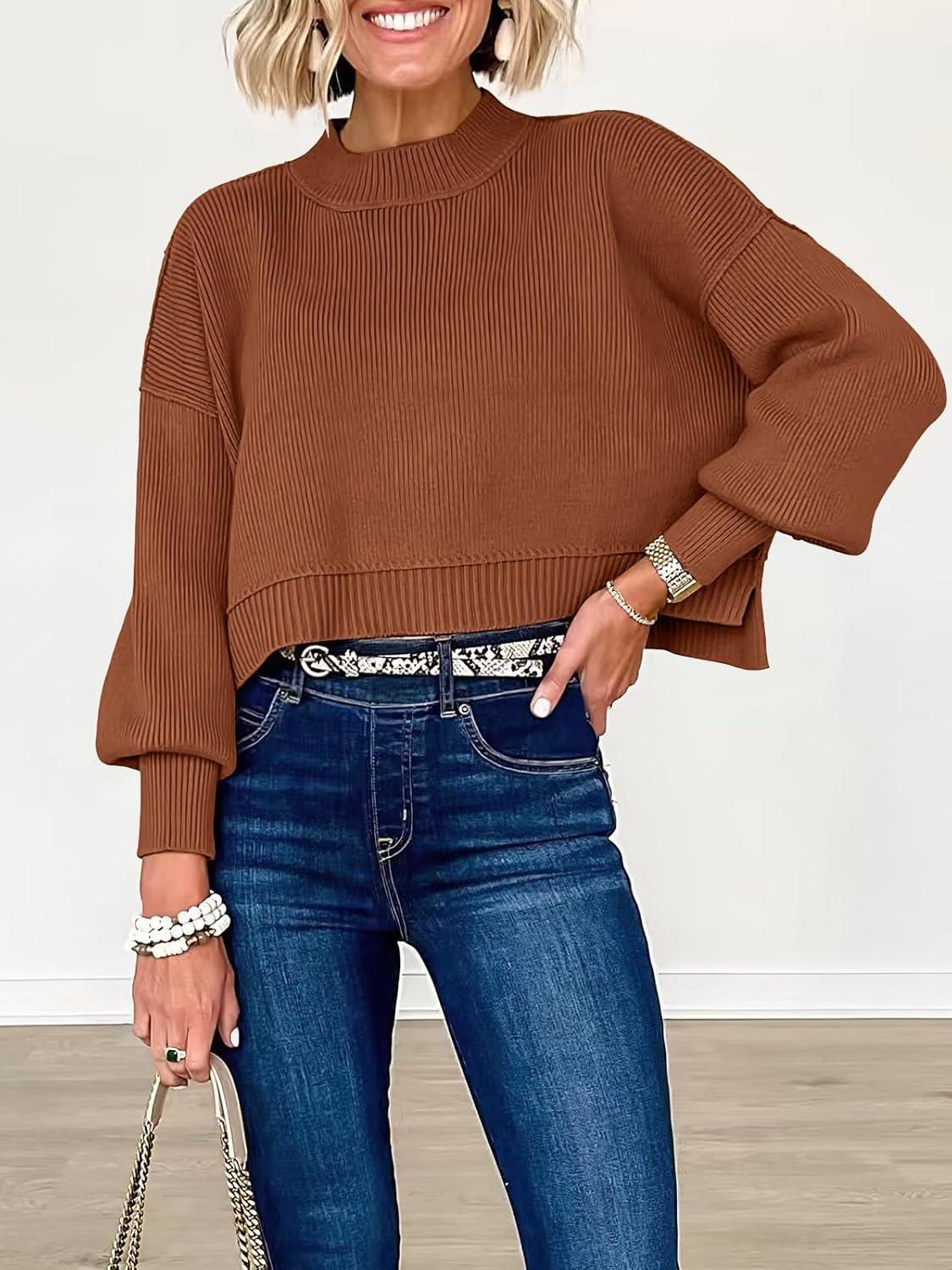 imageANRABESS Womens Cropped Sweaters Oversized Crewneck Long Batwing Sleeve Side Slit Ribbed Knit Pullover Tops 2025 Fall ClothesCaramel