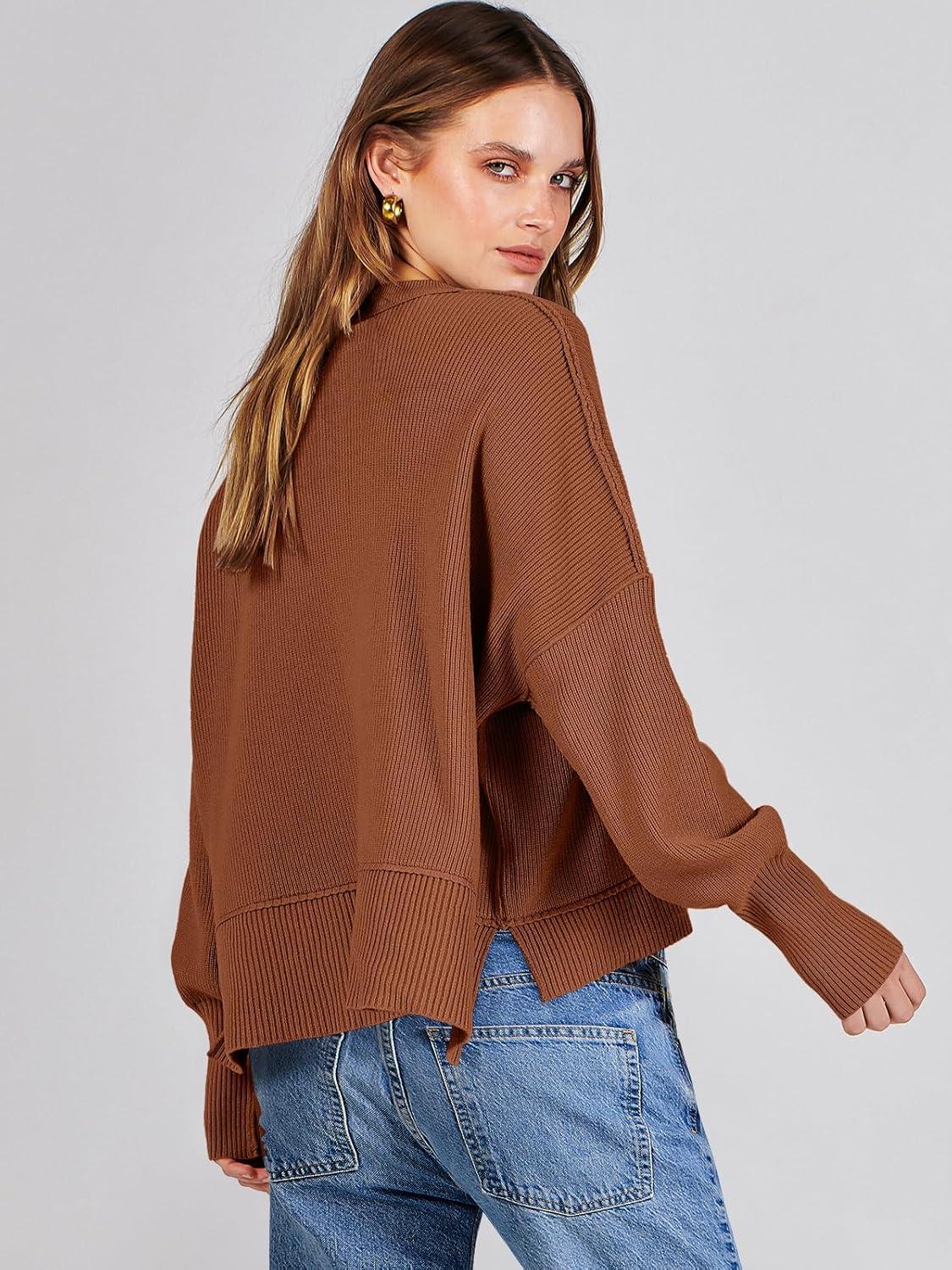 imageANRABESS Womens Cropped Sweaters Oversized Crewneck Long Batwing Sleeve Side Slit Ribbed Knit Pullover Tops 2025 Fall ClothesCaramel