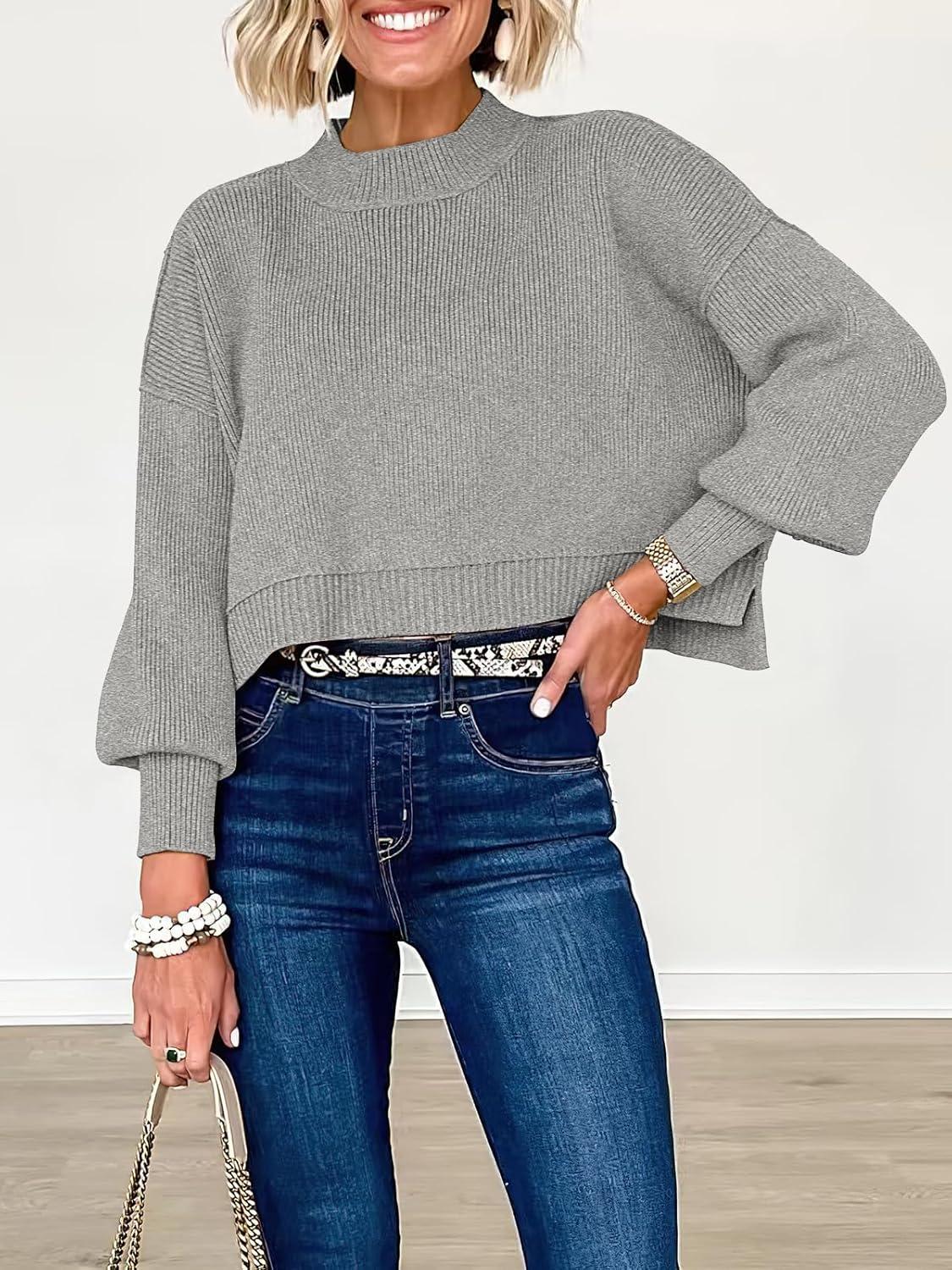 imageANRABESS Womens Cropped Sweaters Oversized Crewneck Long Batwing Sleeve Side Slit Ribbed Knit Pullover Tops 2025 Fall ClothesGrey