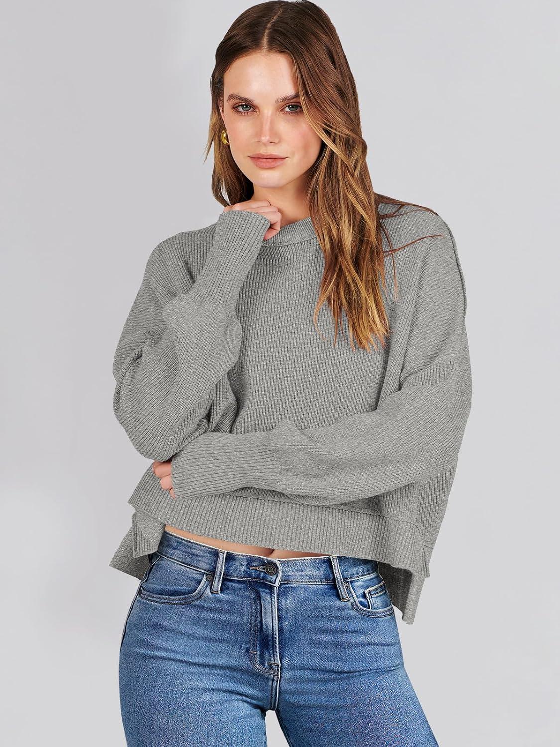 imageANRABESS Womens Cropped Sweaters Oversized Crewneck Long Batwing Sleeve Side Slit Ribbed Knit Pullover Tops 2025 Fall ClothesGrey