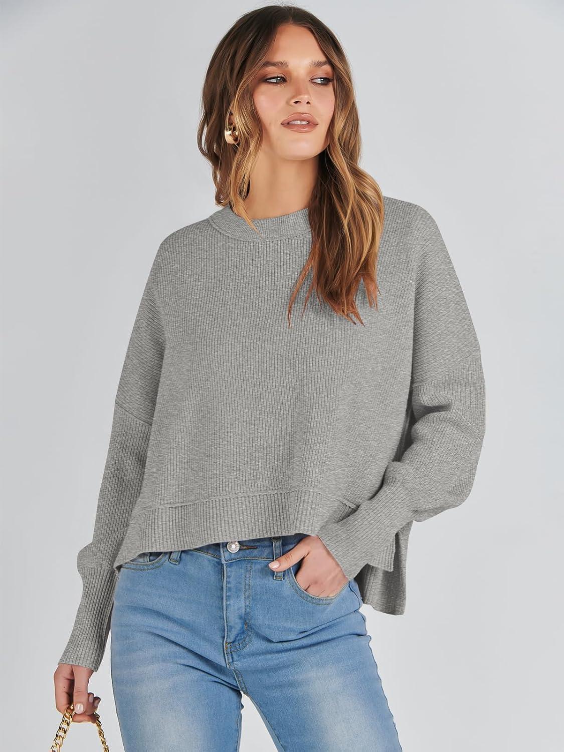 imageANRABESS Womens Cropped Sweaters Oversized Crewneck Long Batwing Sleeve Side Slit Ribbed Knit Pullover Tops 2025 Fall ClothesGrey