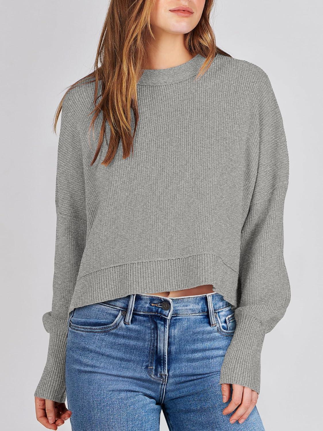 imageANRABESS Womens Cropped Sweaters Oversized Crewneck Long Batwing Sleeve Side Slit Ribbed Knit Pullover Tops 2025 Fall ClothesGrey