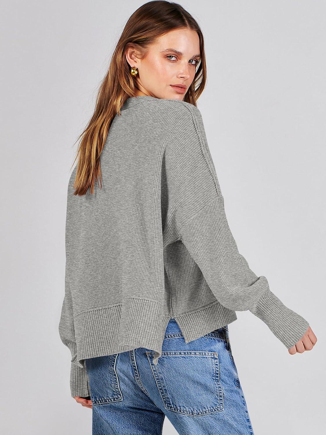 imageANRABESS Womens Cropped Sweaters Oversized Crewneck Long Batwing Sleeve Side Slit Ribbed Knit Pullover Tops 2025 Fall ClothesGrey