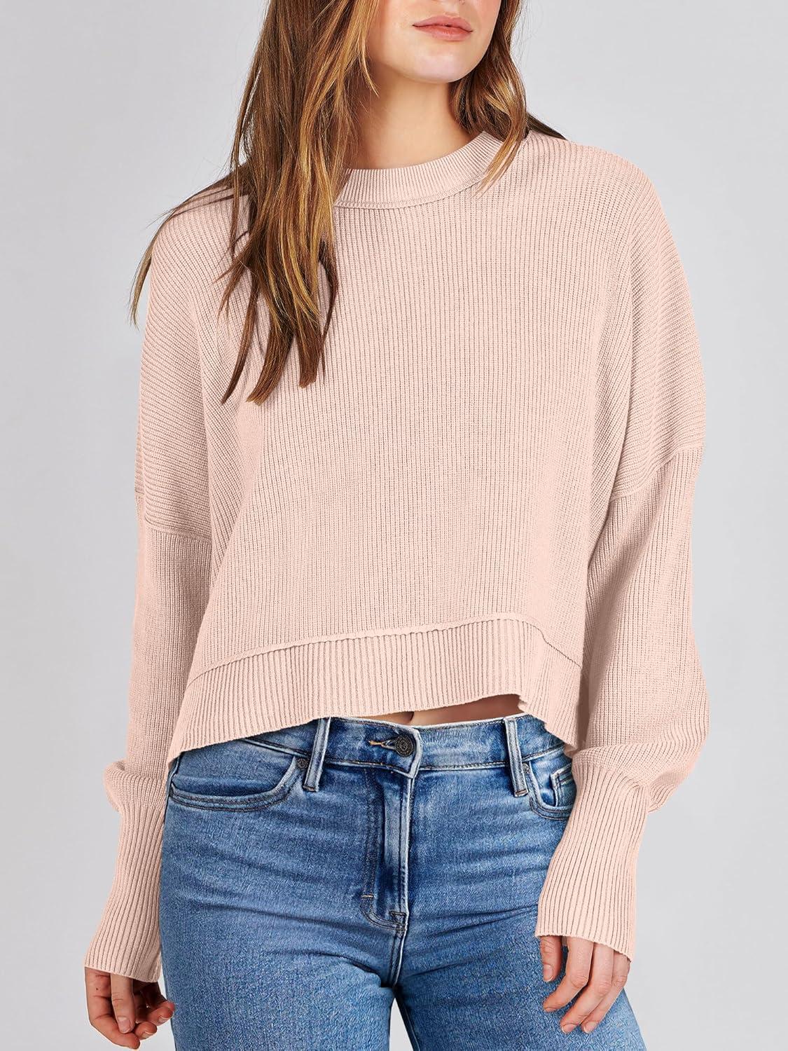 imageANRABESS Womens Cropped Sweaters Oversized Crewneck Long Batwing Sleeve Side Slit Ribbed Knit Pullover Tops 2025 Fall ClothesPink Khaki
