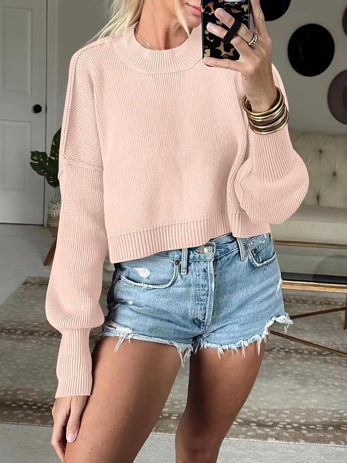imageANRABESS Womens Cropped Sweaters Oversized Crewneck Long Batwing Sleeve Side Slit Ribbed Knit Pullover Tops 2025 Fall ClothesPink Khaki