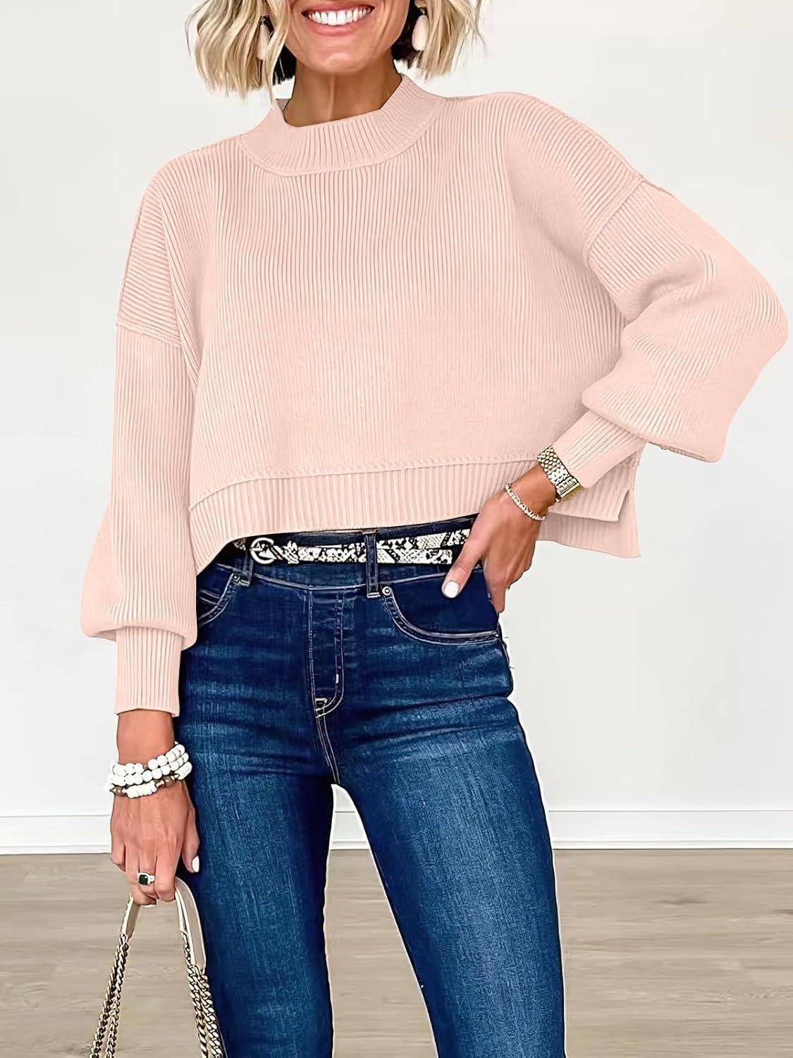 imageANRABESS Womens Cropped Sweaters Oversized Crewneck Long Batwing Sleeve Side Slit Ribbed Knit Pullover Tops 2025 Fall ClothesPink Khaki