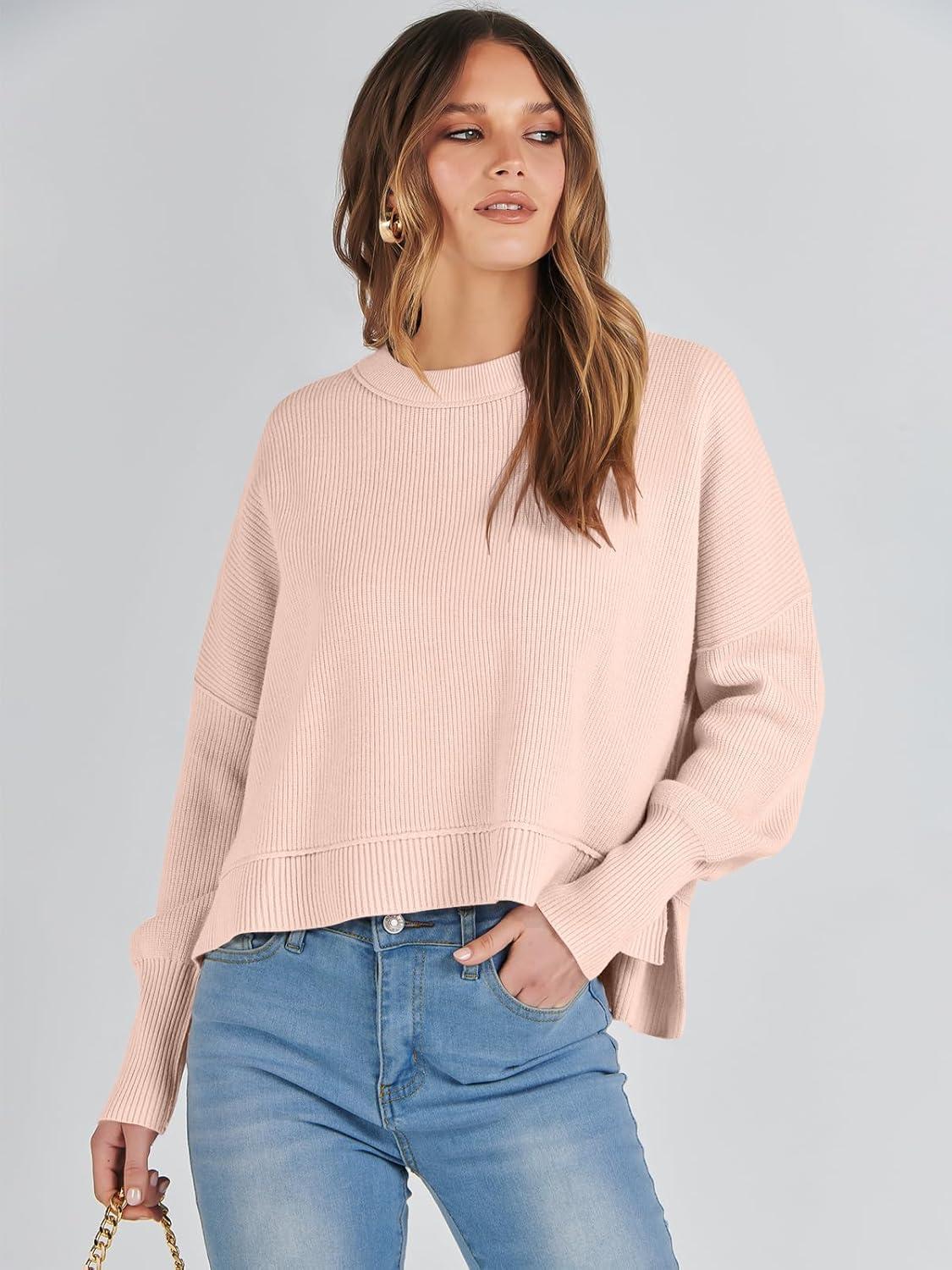 imageANRABESS Womens Cropped Sweaters Oversized Crewneck Long Batwing Sleeve Side Slit Ribbed Knit Pullover Tops 2025 Fall ClothesPink Khaki