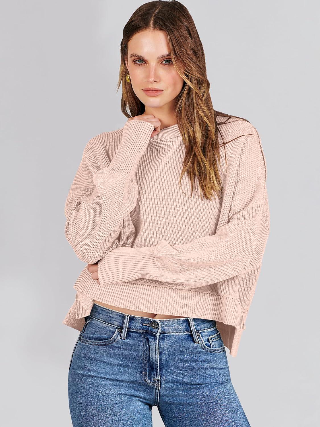 imageANRABESS Womens Cropped Sweaters Oversized Crewneck Long Batwing Sleeve Side Slit Ribbed Knit Pullover Tops 2025 Fall ClothesPink Khaki
