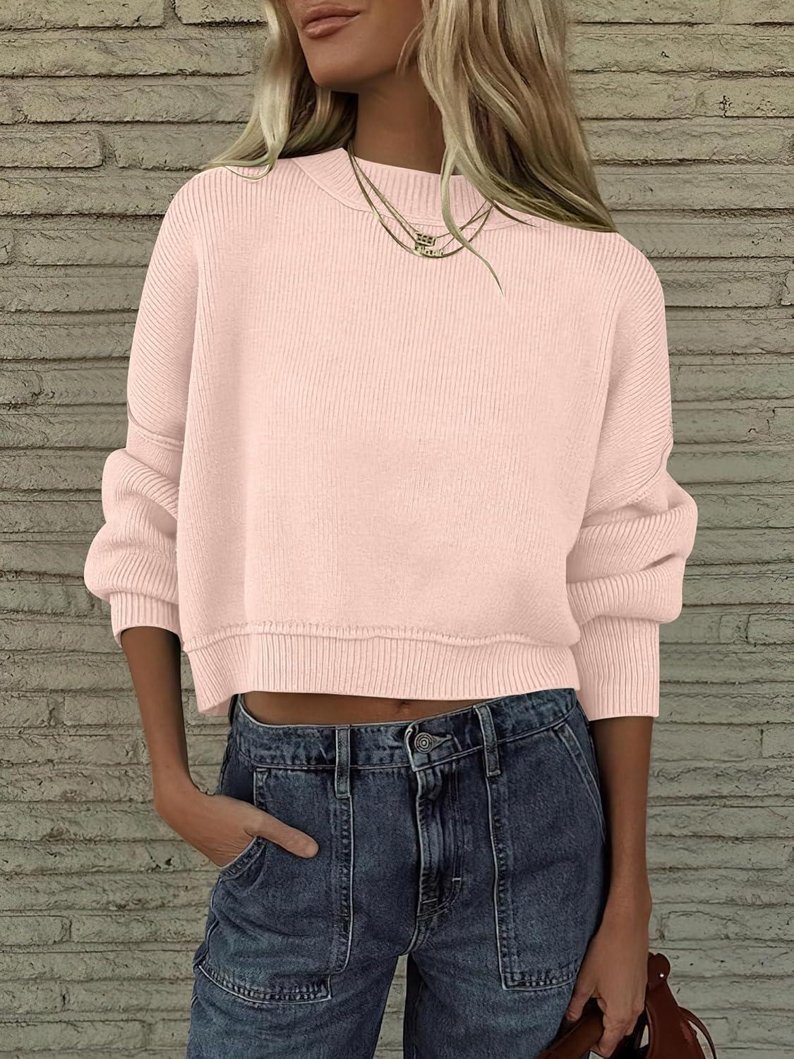 imageANRABESS Womens Cropped Sweaters Oversized Crewneck Long Batwing Sleeve Side Slit Ribbed Knit Pullover Tops 2025 Fall ClothesPink Khaki