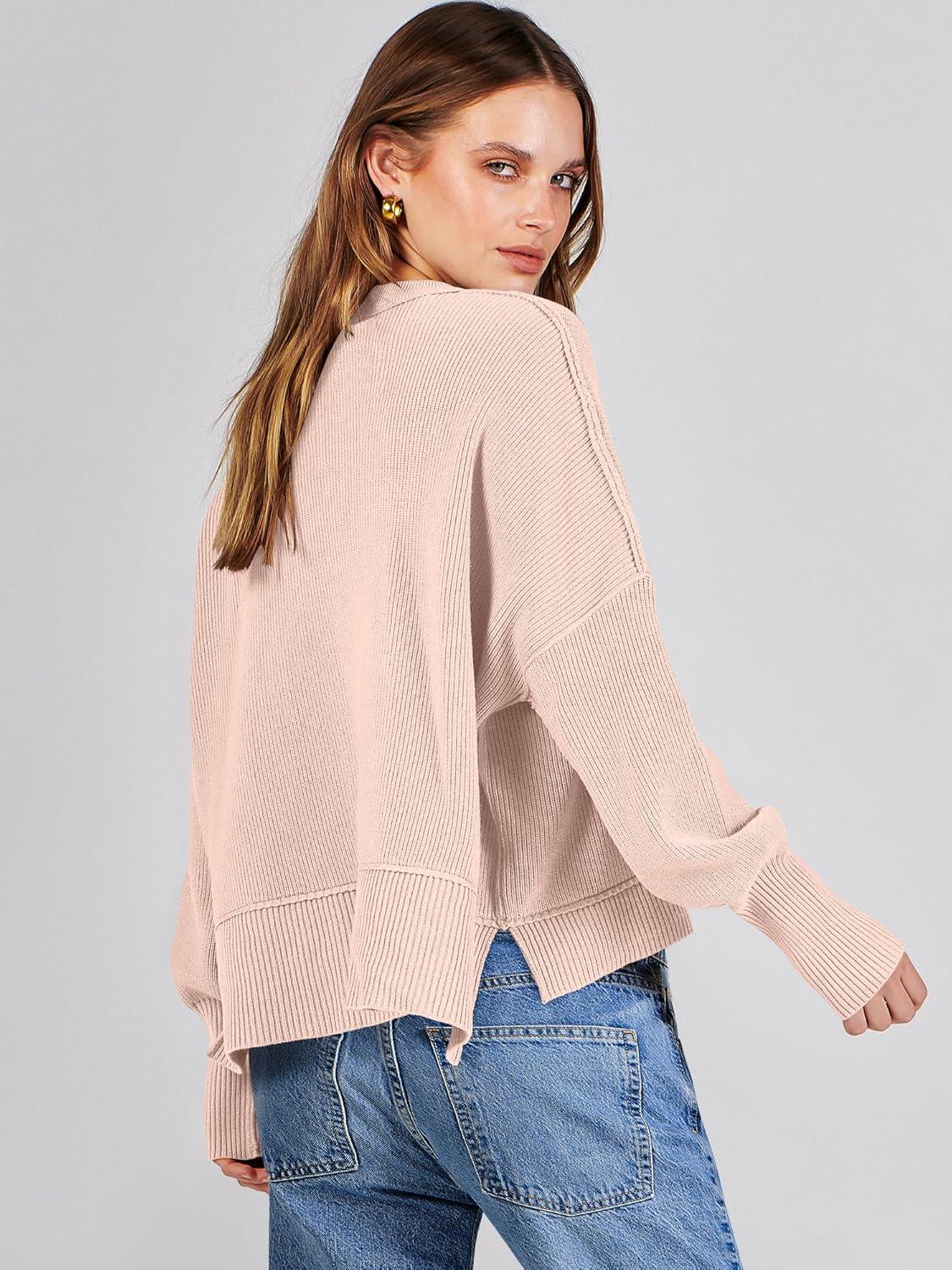 imageANRABESS Womens Cropped Sweaters Oversized Crewneck Long Batwing Sleeve Side Slit Ribbed Knit Pullover Tops 2025 Fall ClothesPink Khaki