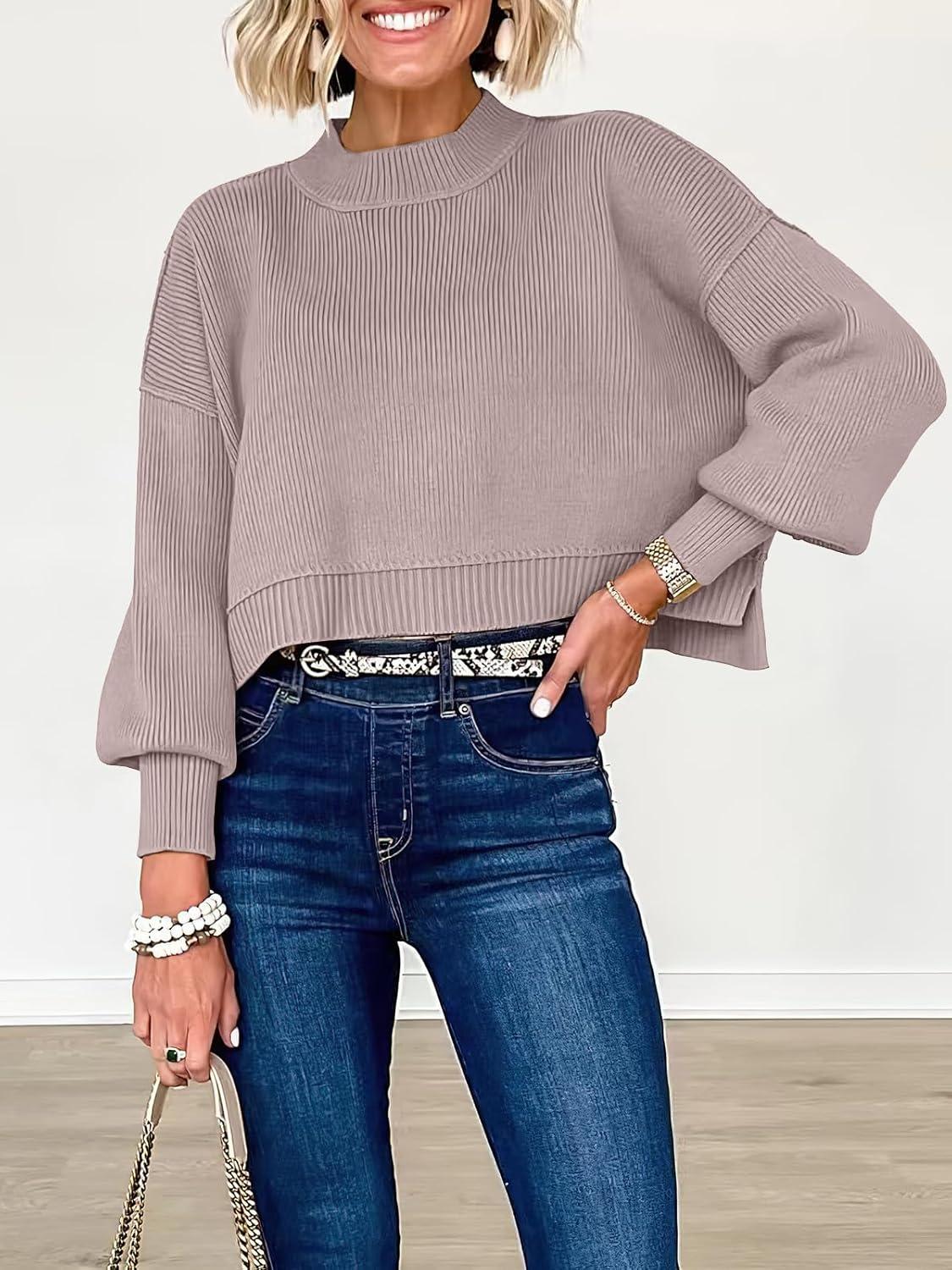imageANRABESS Womens Cropped Sweaters Oversized Crewneck Long Batwing Sleeve Side Slit Ribbed Knit Pullover Tops 2025 Fall ClothesRed Apricot