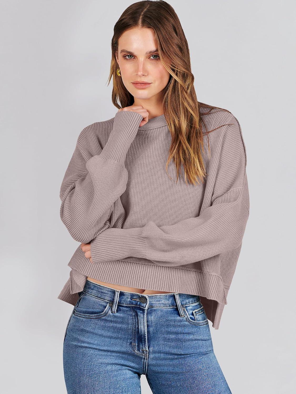 imageANRABESS Womens Cropped Sweaters Oversized Crewneck Long Batwing Sleeve Side Slit Ribbed Knit Pullover Tops 2025 Fall ClothesRed Apricot
