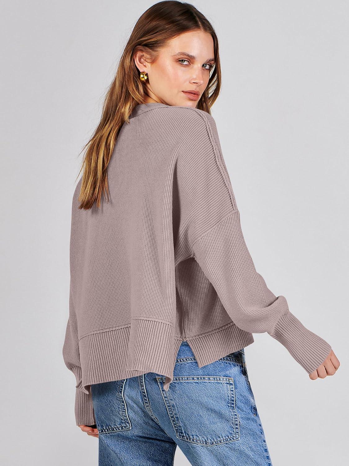 imageANRABESS Womens Cropped Sweaters Oversized Crewneck Long Batwing Sleeve Side Slit Ribbed Knit Pullover Tops 2025 Fall ClothesRed Apricot