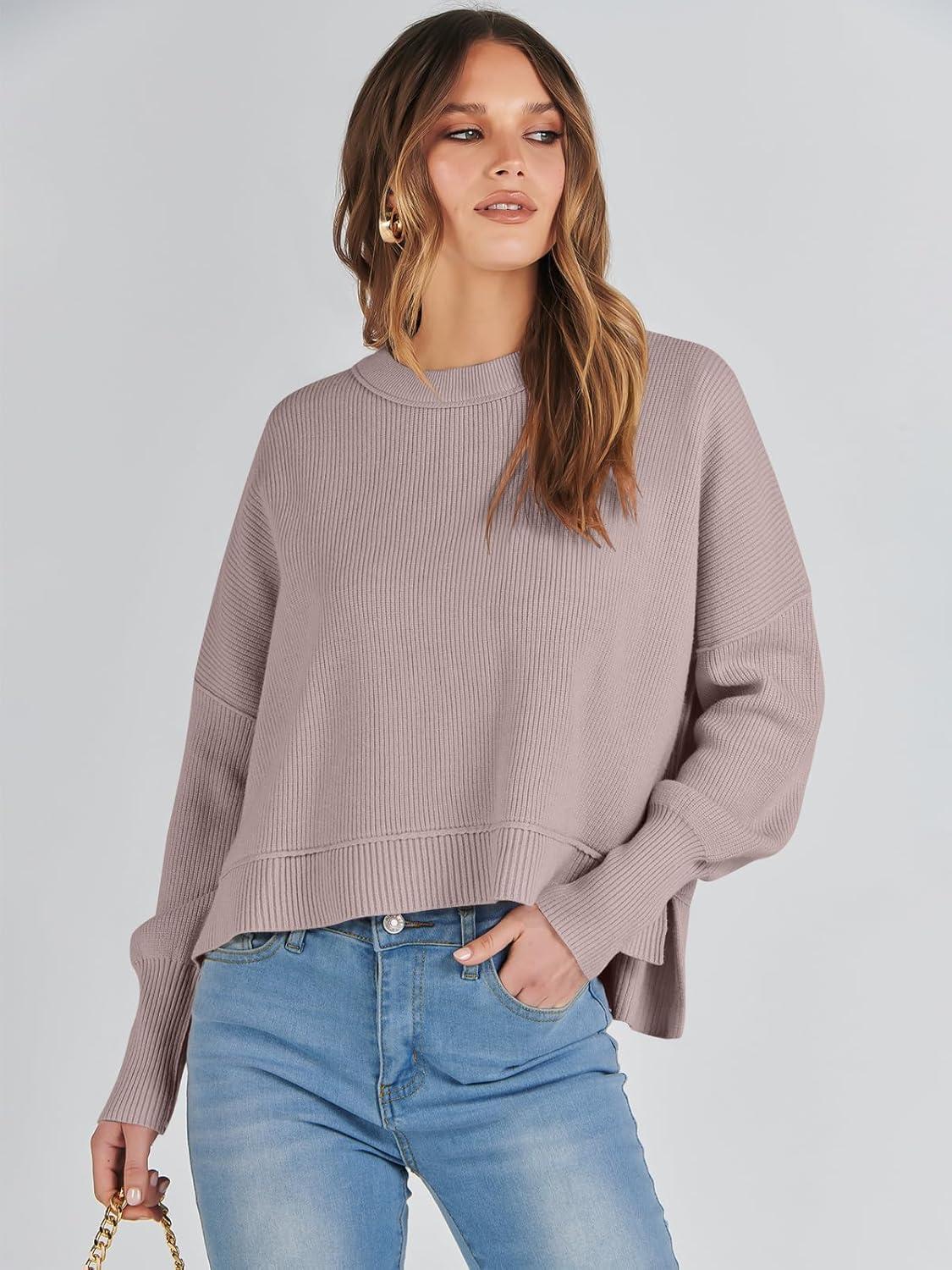 imageANRABESS Womens Cropped Sweaters Oversized Crewneck Long Batwing Sleeve Side Slit Ribbed Knit Pullover Tops 2025 Fall ClothesRed Apricot