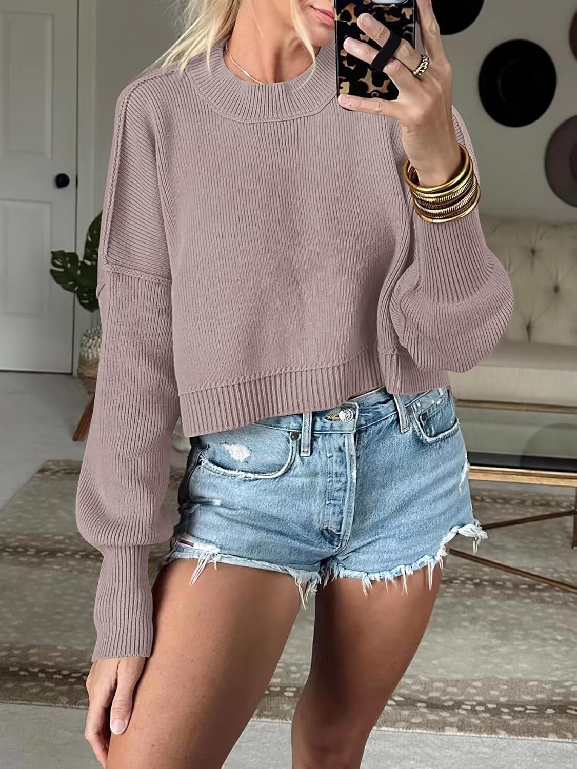 imageANRABESS Womens Cropped Sweaters Oversized Crewneck Long Batwing Sleeve Side Slit Ribbed Knit Pullover Tops 2025 Fall ClothesRed Apricot