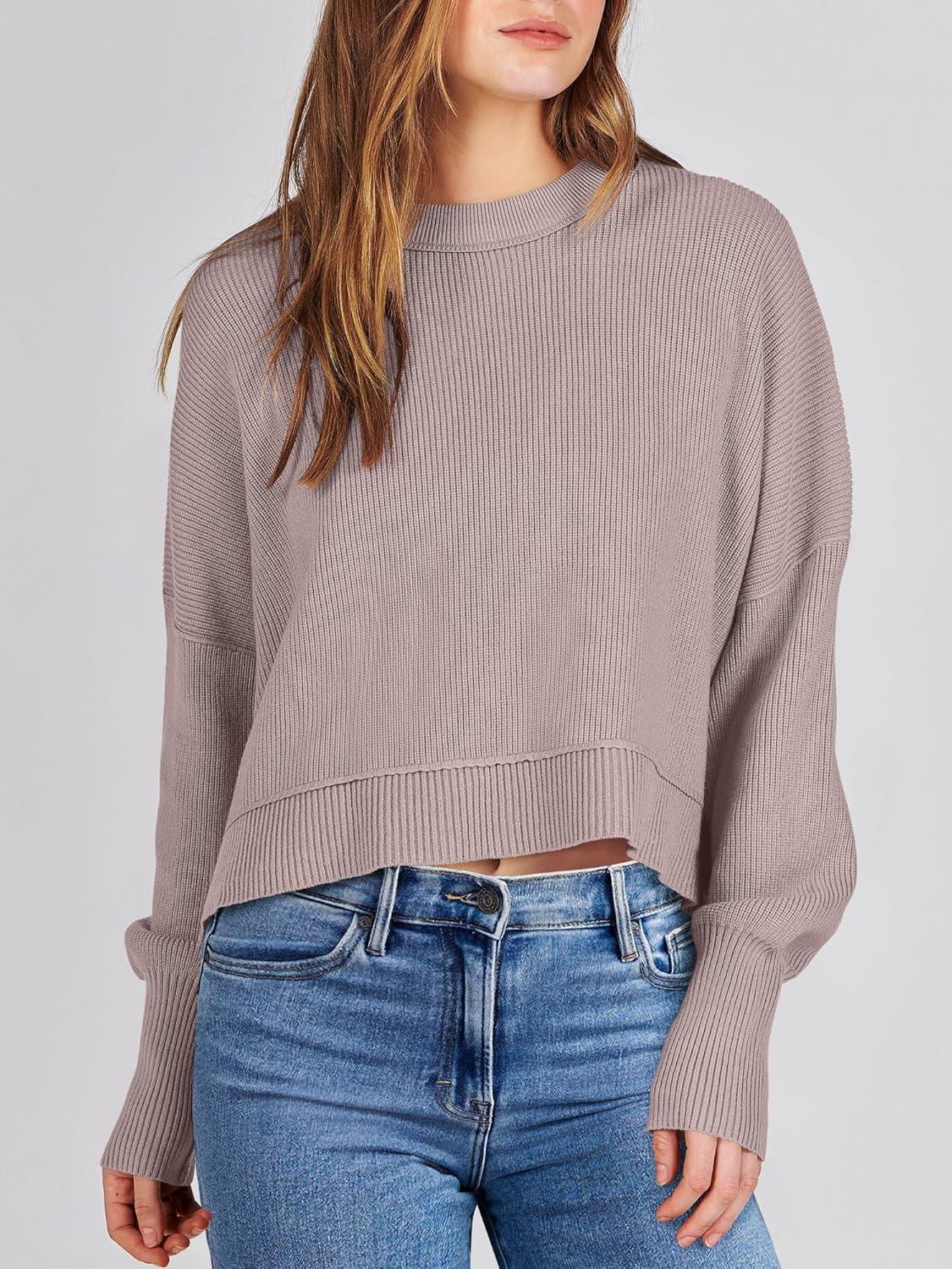 imageANRABESS Womens Cropped Sweaters Oversized Crewneck Long Batwing Sleeve Side Slit Ribbed Knit Pullover Tops 2025 Fall ClothesRed Apricot