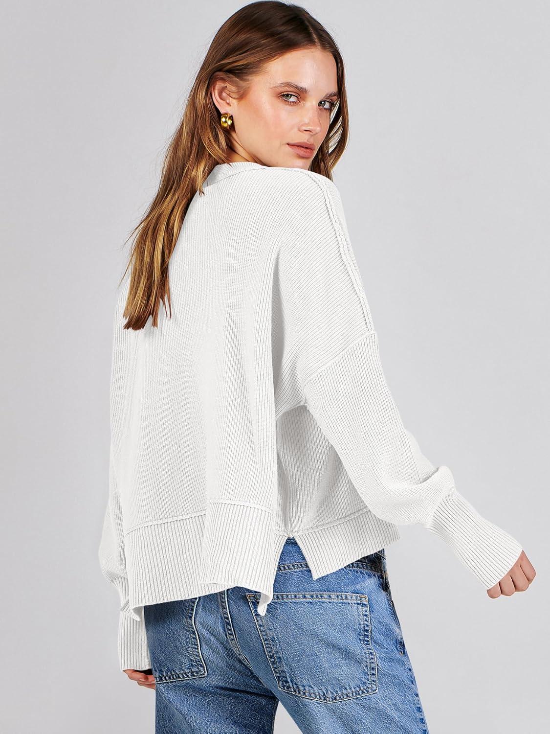 imageANRABESS Womens Cropped Sweaters Oversized Crewneck Long Batwing Sleeve Side Slit Ribbed Knit Pullover Tops 2025 Fall ClothesWhite