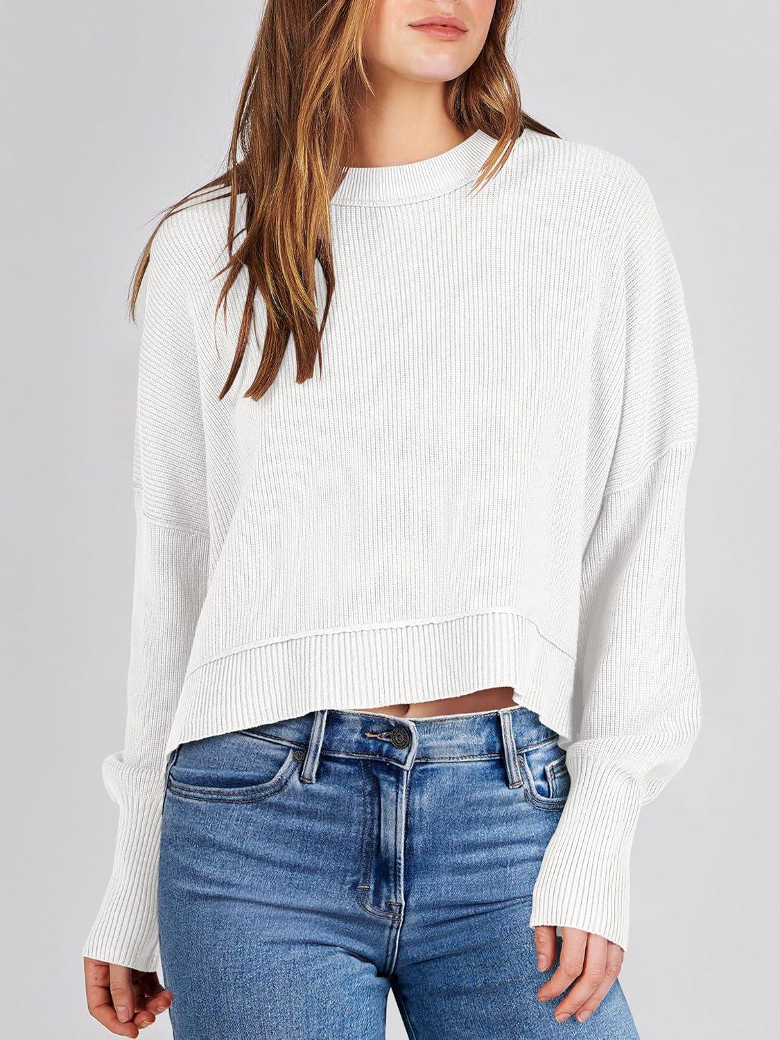 imageANRABESS Womens Cropped Sweaters Oversized Crewneck Long Batwing Sleeve Side Slit Ribbed Knit Pullover Tops 2025 Fall ClothesWhite
