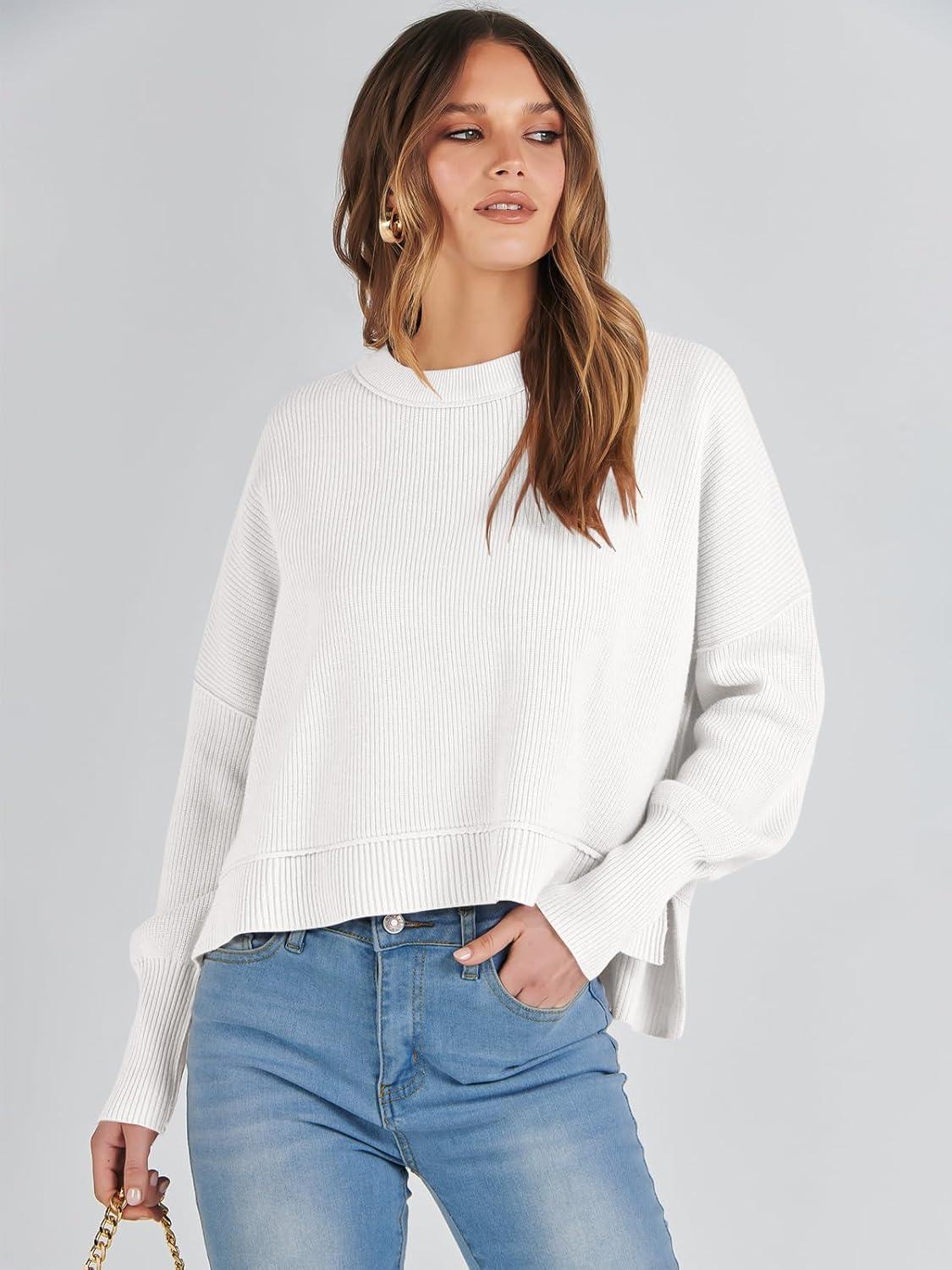 imageANRABESS Womens Cropped Sweaters Oversized Crewneck Long Batwing Sleeve Side Slit Ribbed Knit Pullover Tops 2025 Fall ClothesWhite