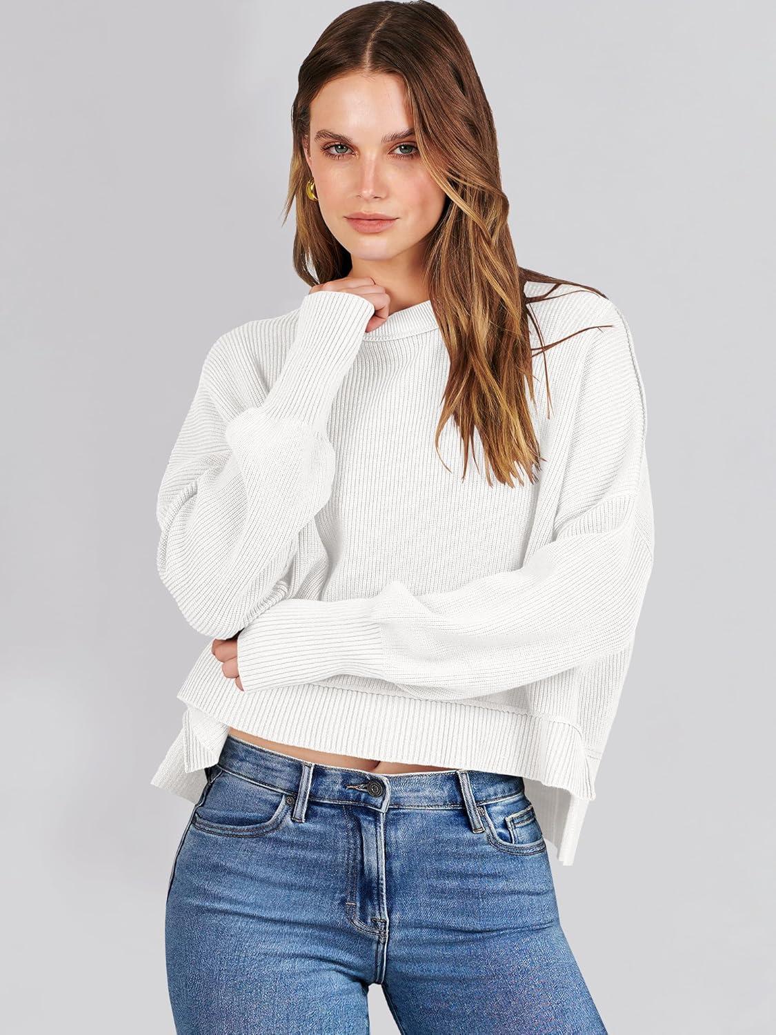 imageANRABESS Womens Cropped Sweaters Oversized Crewneck Long Batwing Sleeve Side Slit Ribbed Knit Pullover Tops 2025 Fall ClothesWhite