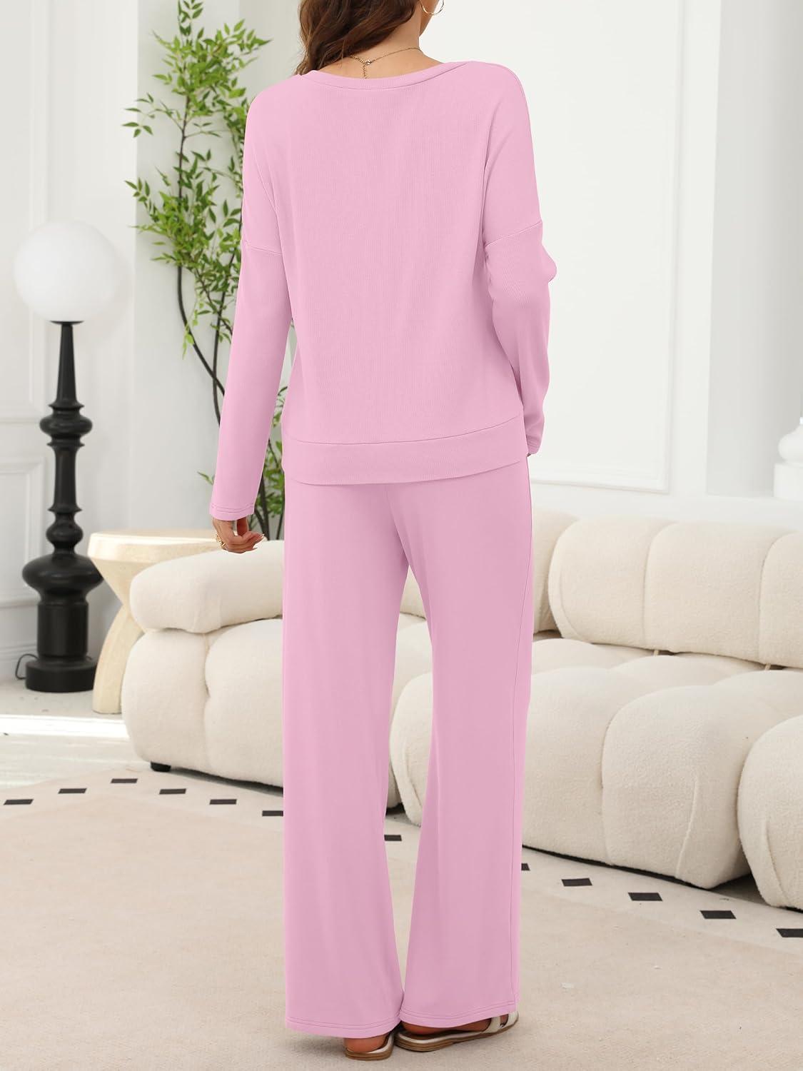 imageANRABESS Womens Fleece Pajama Sets 2 Piece Outfits Matching Lounge Set Casual Ribbed Knit Long Sleeve Pj 2025 Fall SleepwearPink