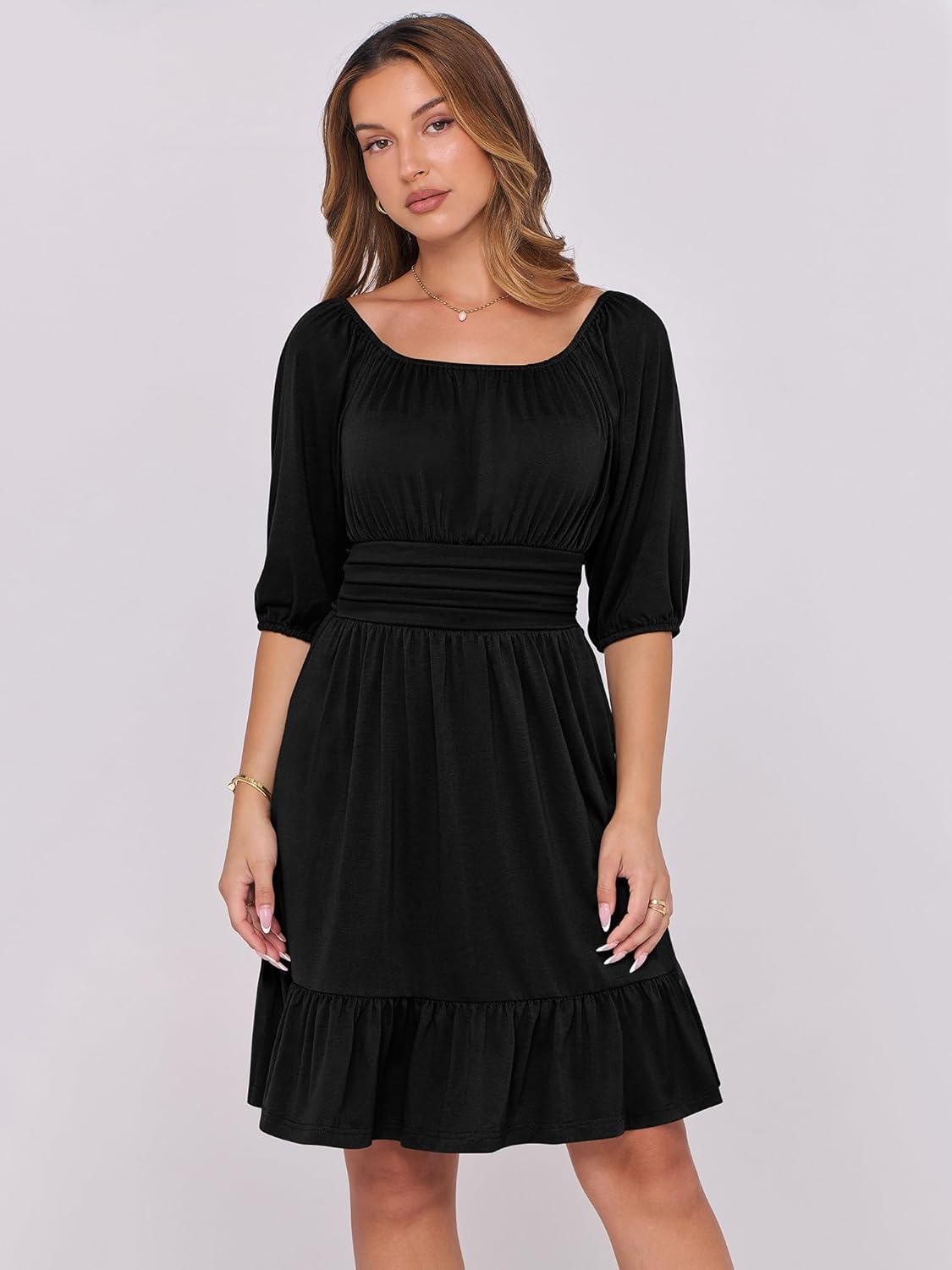 imageANRABESS Womens Half Sleeve Mini Dress 2025 Fall Square Neck Casual Flowy Wedding Guest Dresses Summer Beach Vacation OutfitsBlack